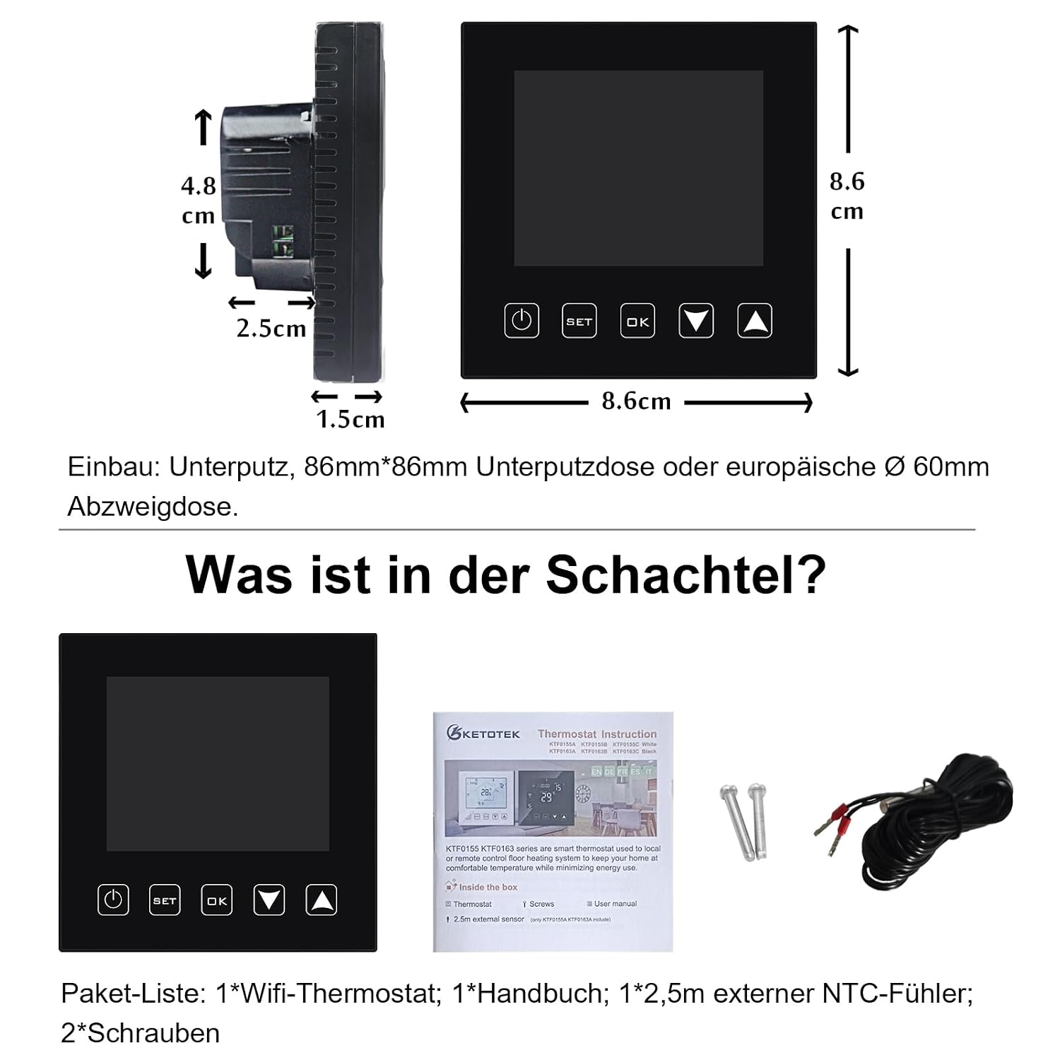 Technische Zeichnung eines Thermostats mit Abmessungen, Anleitung, Schrauben und externem NTC-Fühler.