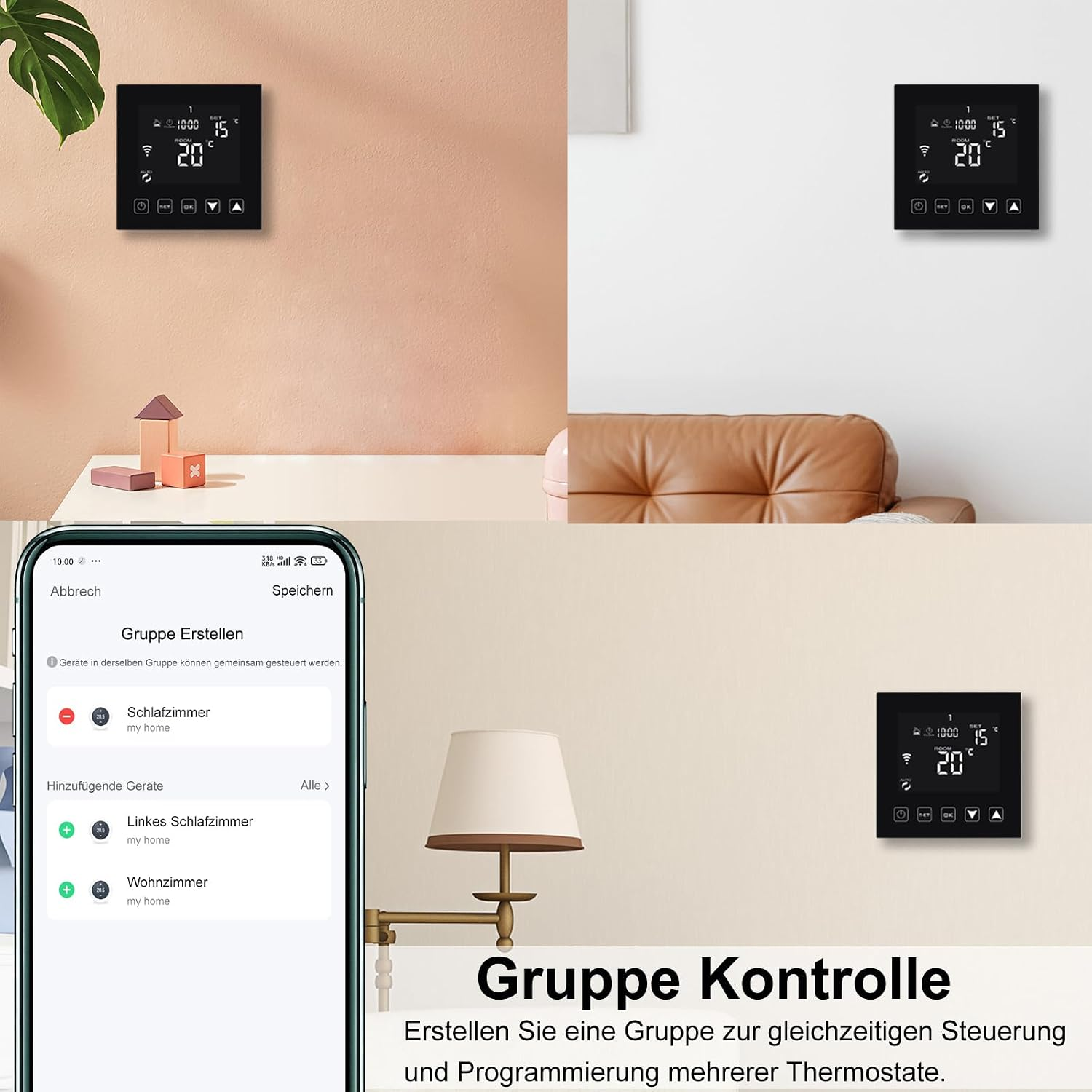 Ein Smartphone zeigt eine Smart-Home-App zur Gruppensteuerung, neben einem Wandthermostat und einer Lampe.