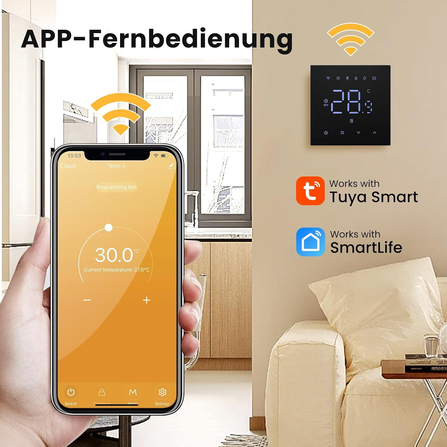 Eine Smartphone-App steuert einen Thermostaten an der Wand, kompatibel mit Tuya und SmartLife.