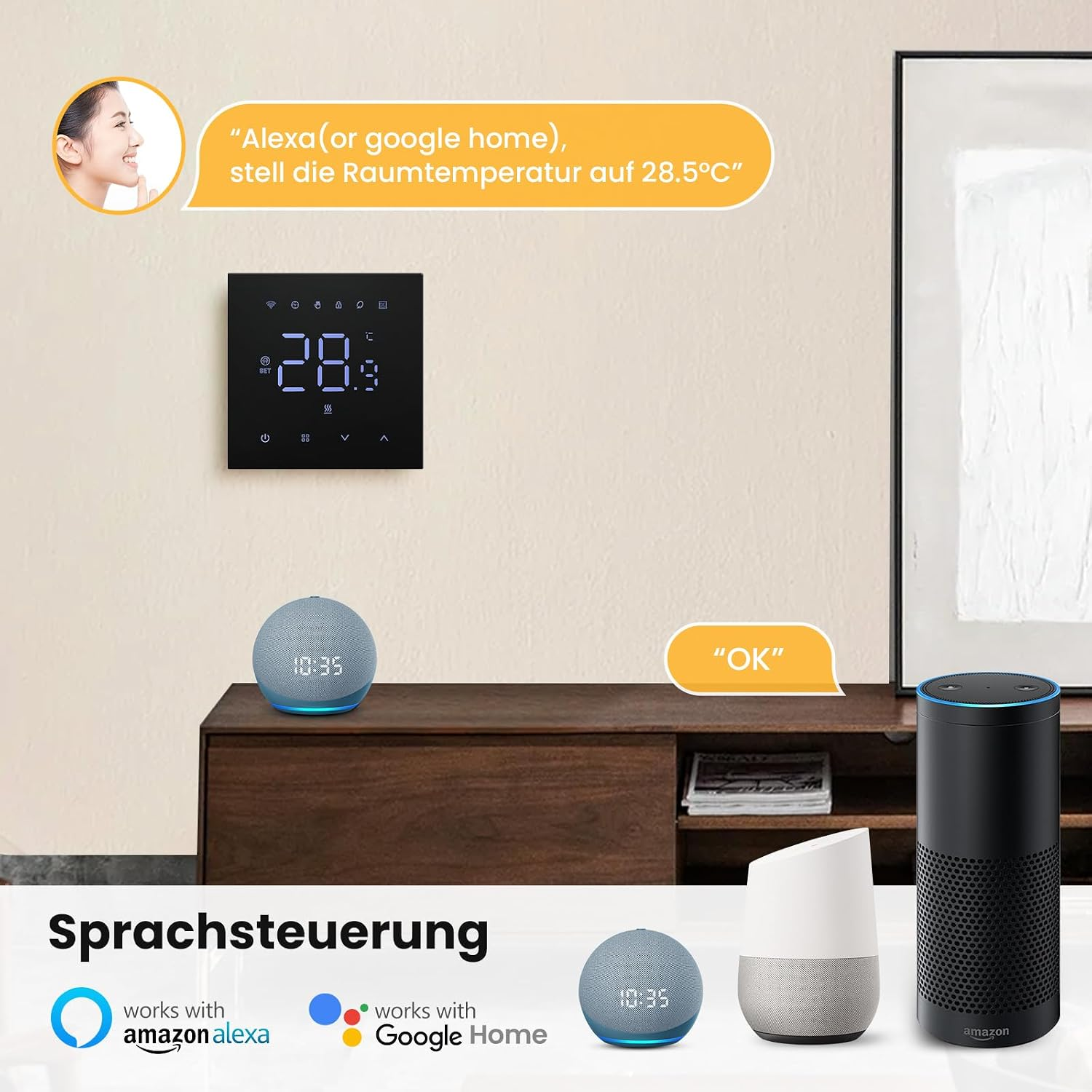 Schwarzer Smart-Thermostat an der Wand mit Lautsprechern, zeigt Sprachsteuerung mit Alexa und Google Home.