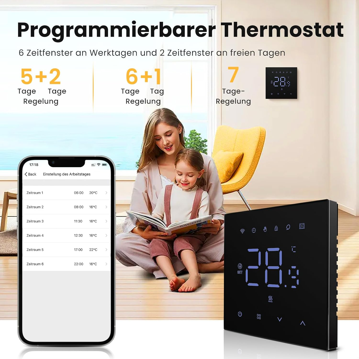 Programmierbarer Thermostat mit Smartphone-App und Frau mit Kind im Hintergrund.