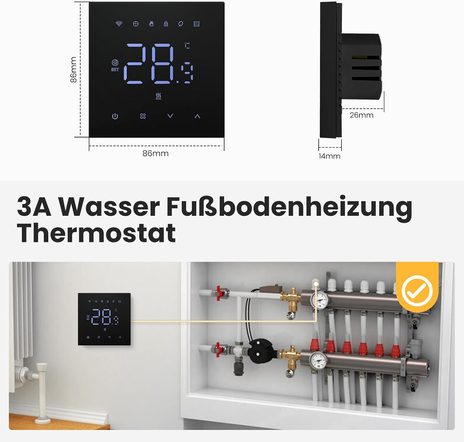Technische Zeichnung eines 3A Unterputz-Thermostats mit Maßen und Einbaubeispiel für Fußbodenheizung.