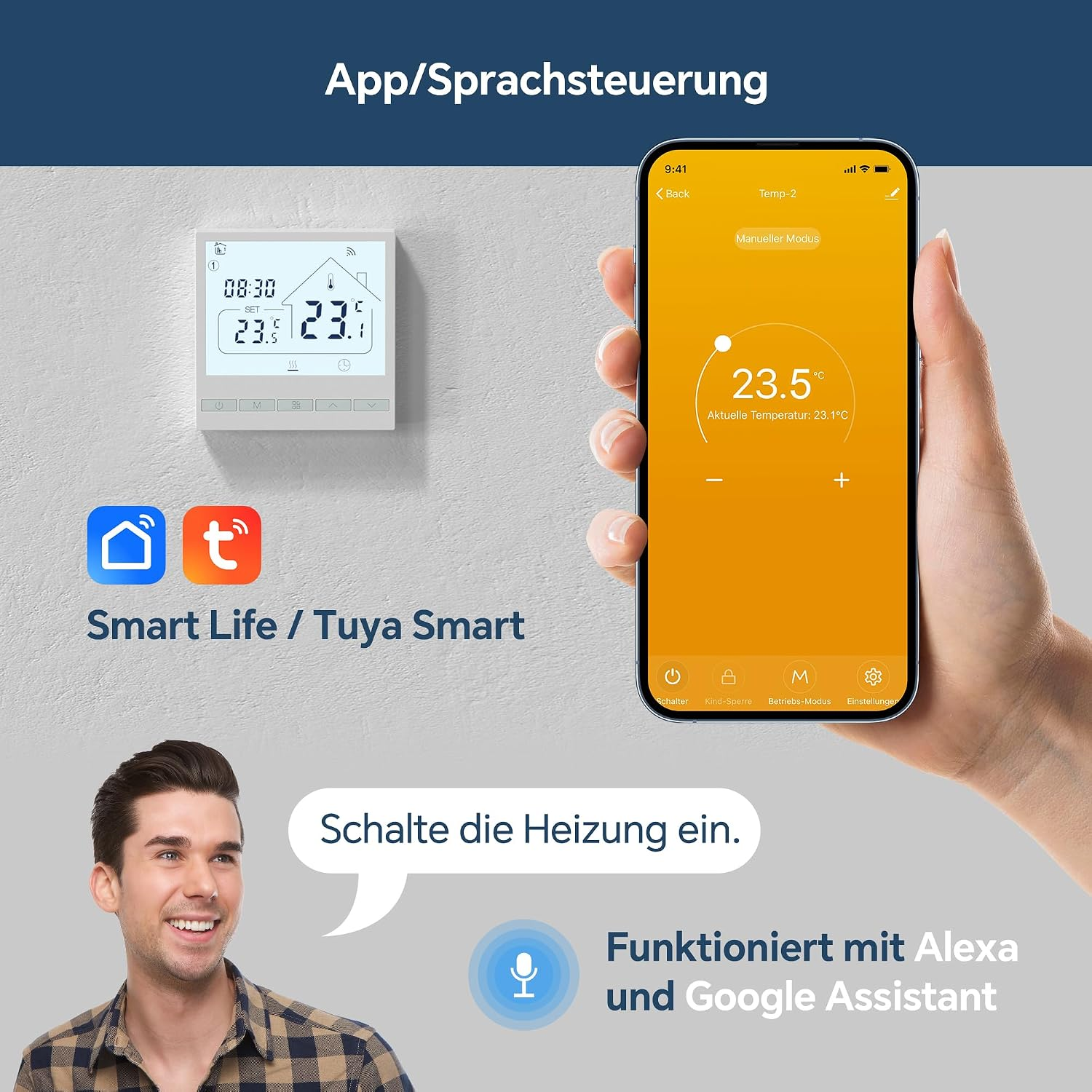 Ein Smartphone zeigt eine Thermostat-App, ein digitales Wandthermostat und ein Mann steuert die Heizung per Sprache.