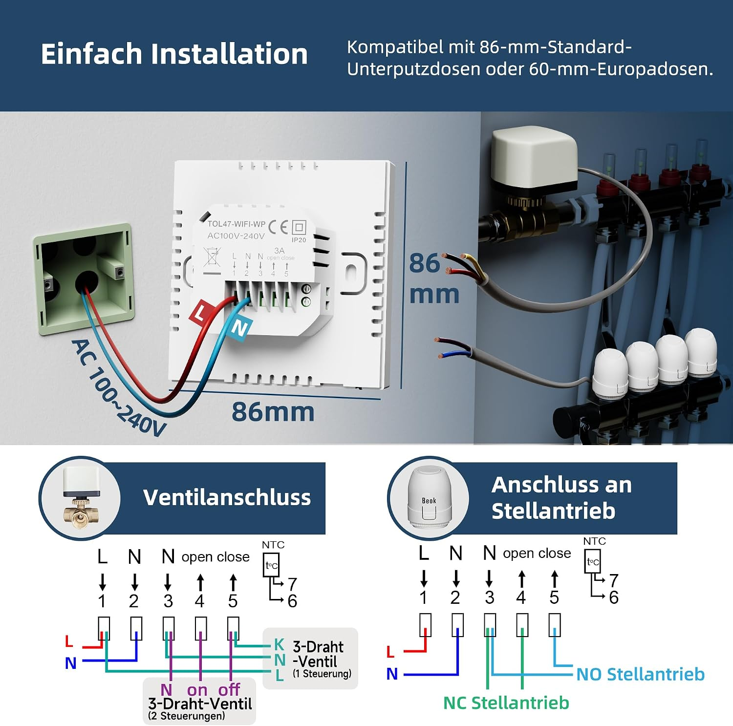 Diagramm zeigt die Installation eines Thermostats mit Stromanschlüssen und Ventilen.