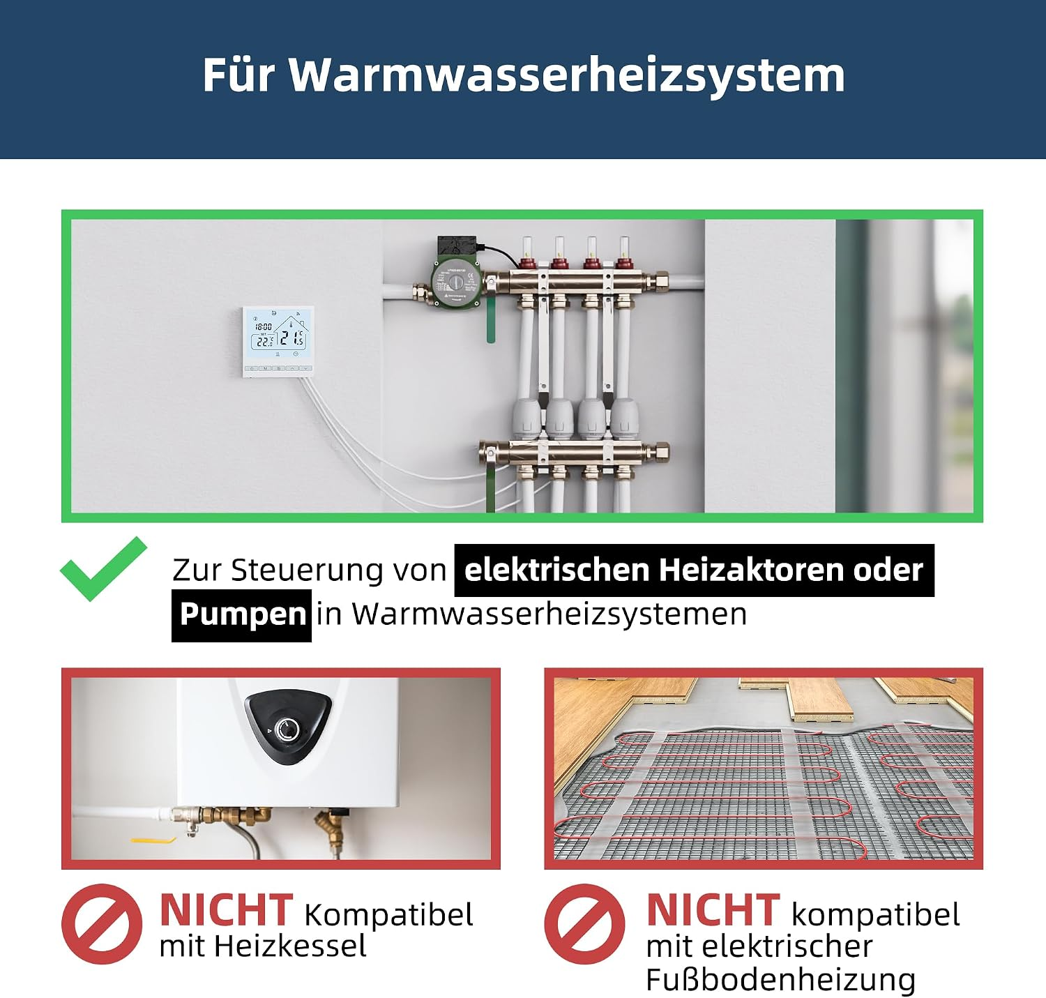 Heizungssteuerung für Warmwasserheizsysteme, nicht kompatibel mit Heizkesseln oder elektrischer Fußbodenheizung.