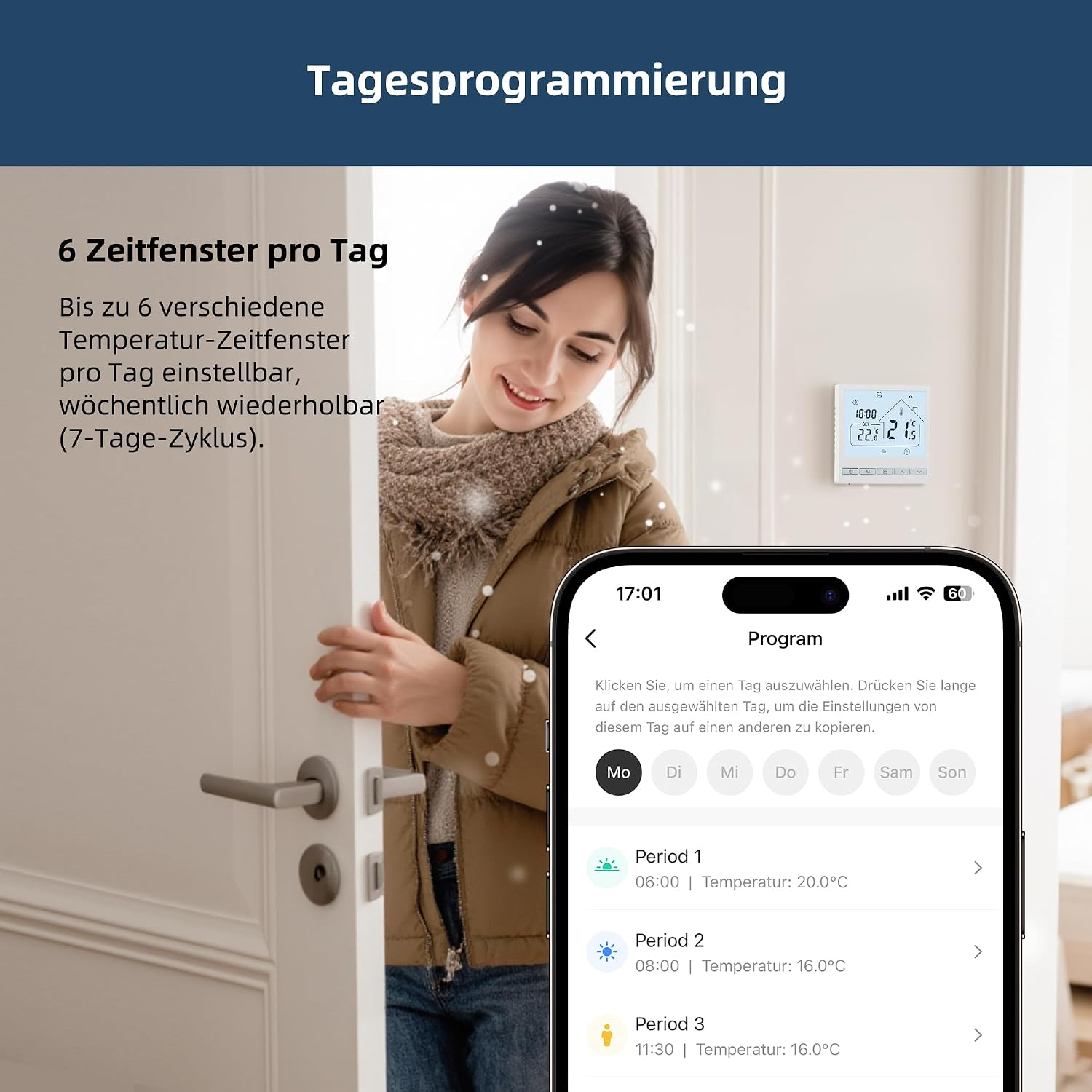 Eine Frau lächelt neben einem Thermostat, während ein Smartphone Temperaturprogramme anzeigt.