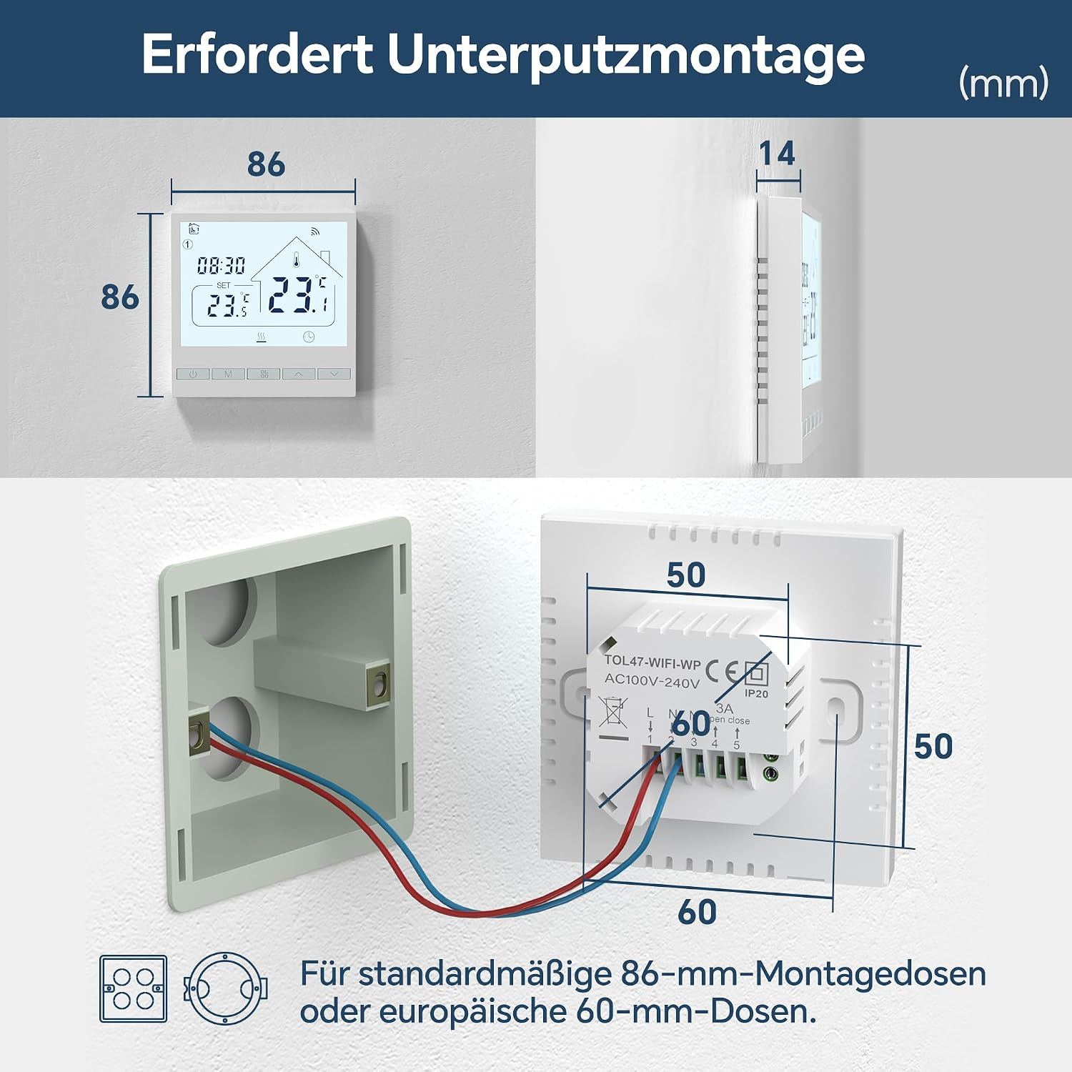 Technische Zeichnung mit Maßen und Montagehinweisen für ein Unterputz-Thermostat.