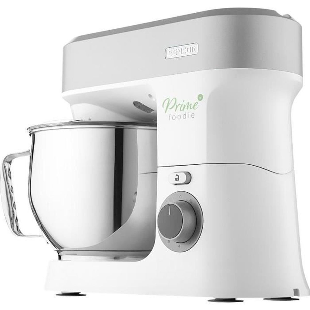 Ein weißer und grauer Sencor Standmixer mit einer großen Edelstahl-Rührschüssel auf weißem Hintergrund.