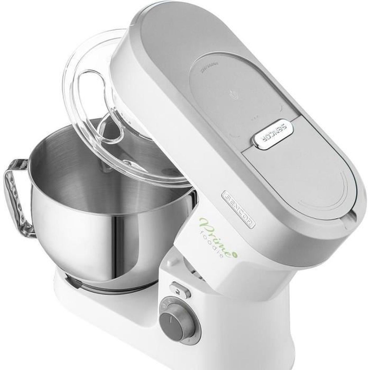 Eine weiße und graue Standmixer mit Edelstahlschüssel und durchsichtigem Spritzschutz.