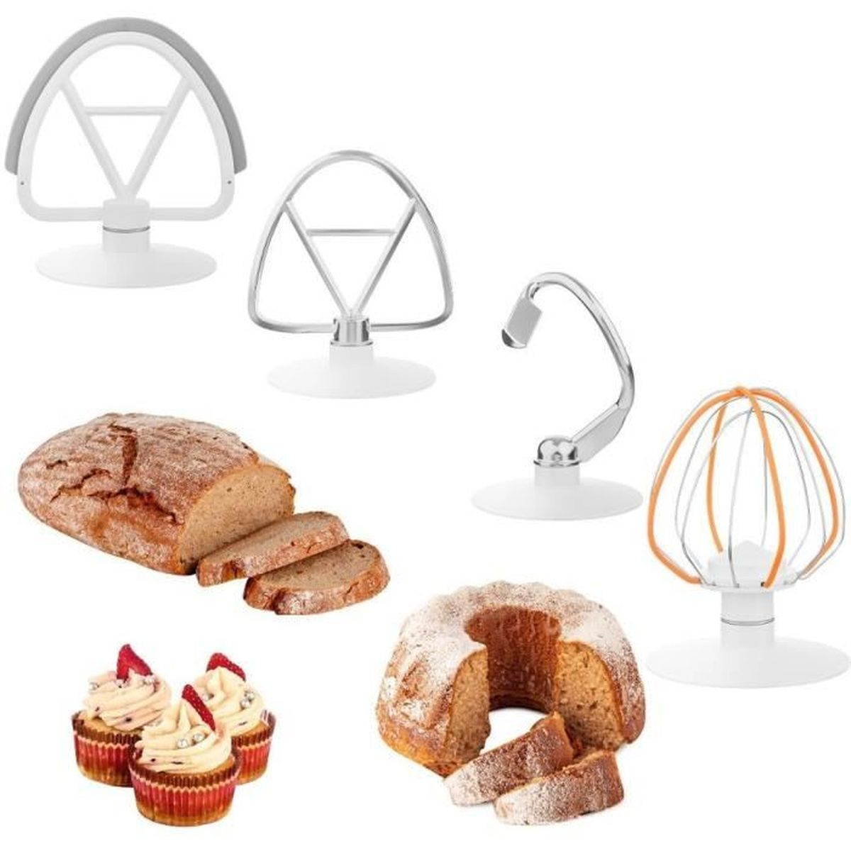 Vier Küchenmaschinen-Aufsätze und verschiedene Backwaren wie Brot, Cupcakes und Kuchen auf weißem Grund.