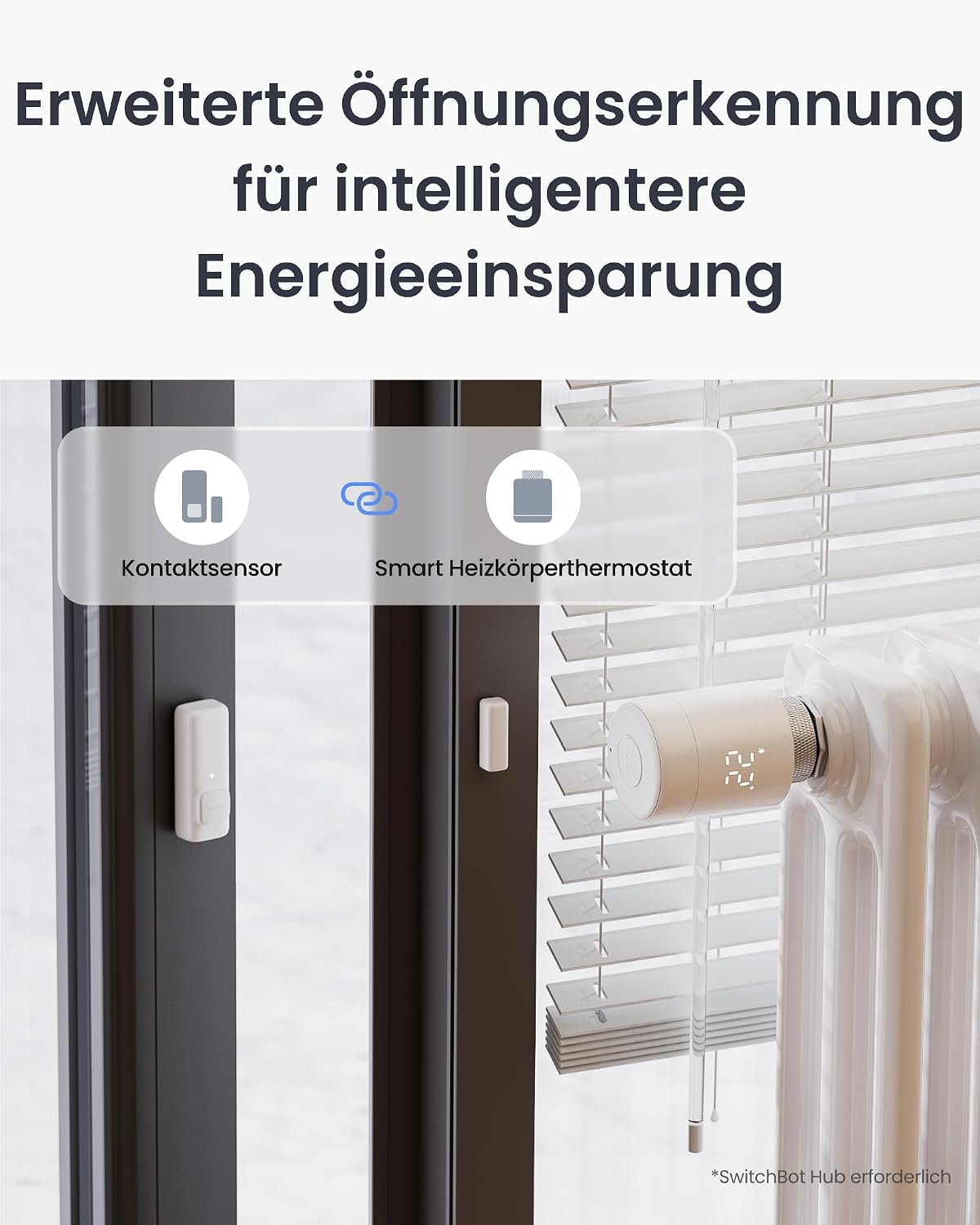 Ein Kontaktsensor an der Balkontür verbindet sich mit einem smarten Heizkörperthermostat.