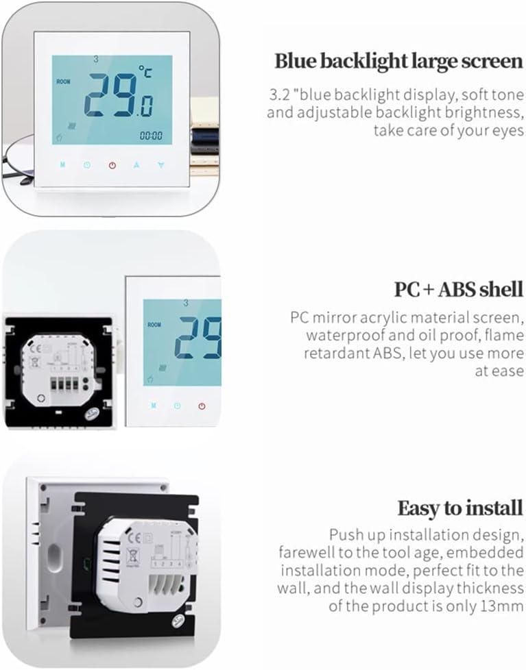 Produktmerkmale eines intelligenten Thermostats mit blau beleuchtetem Bildschirm, PC- und ABS-Gehäuse und einfacher Installation.