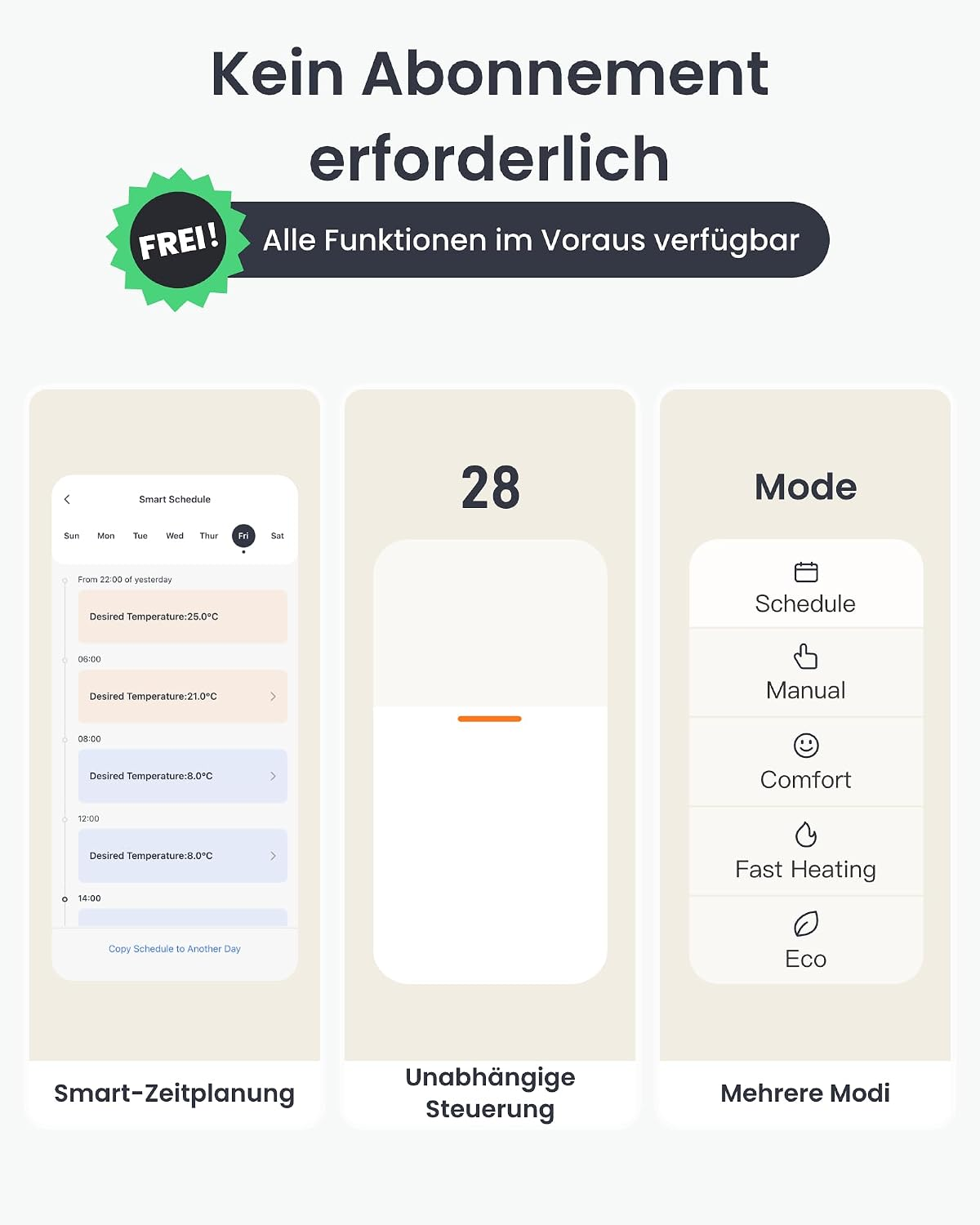 App-Funktionen ohne Abo: Smart-Zeitplanung, unabhängige Steuerung und verschiedene Modi wie Komfort und Eco.