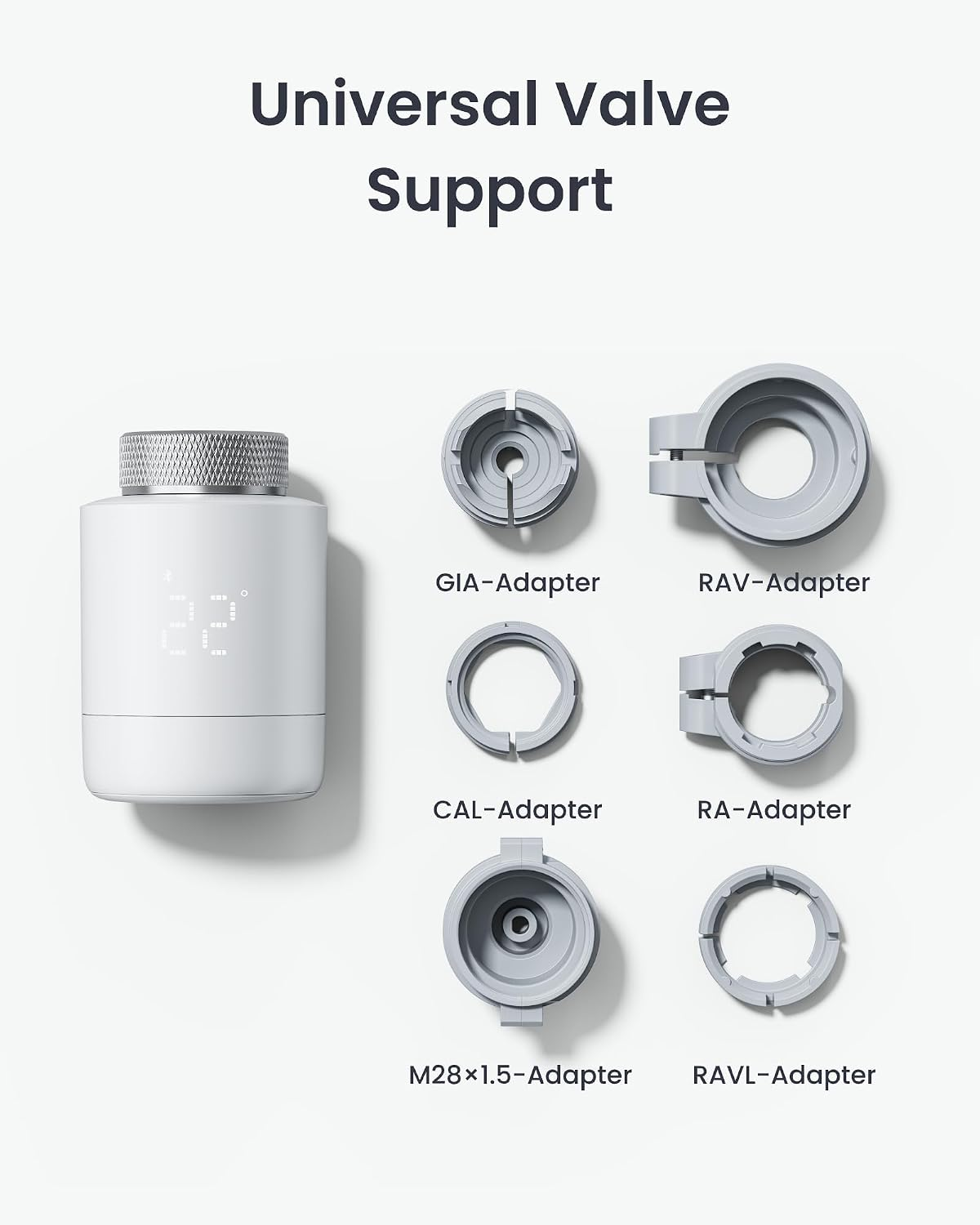 Ein weißer Smart-Heizkörperthermostat mit sechs verschiedenen grauen Adaptern auf weißem Hintergrund.