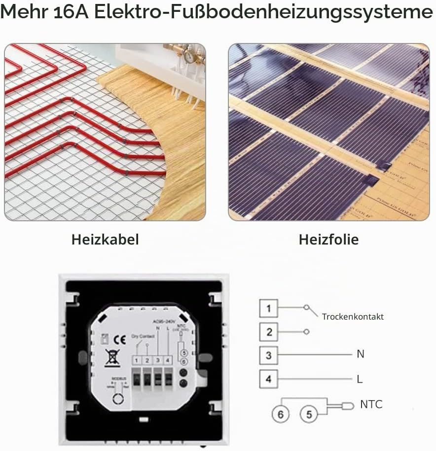 Vergleich von Heizkabel und Heizfolie für Fußbodenheizungen mit Thermostatanschlüssen.