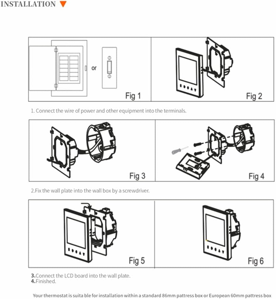 Sechs Diagramme zeigen die schrittweise Installation eines Thermostats in einer Wanddose.