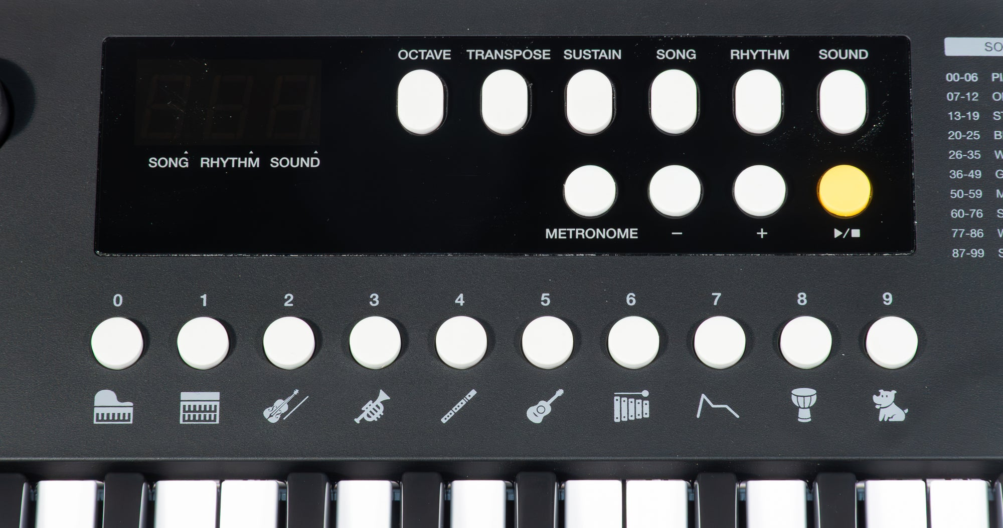 Schwarzes Keyboard-Bedienfeld mit weißen Tasten für Funktionen, Zahlen von 0 bis 9 und Instrumentensymbolen.