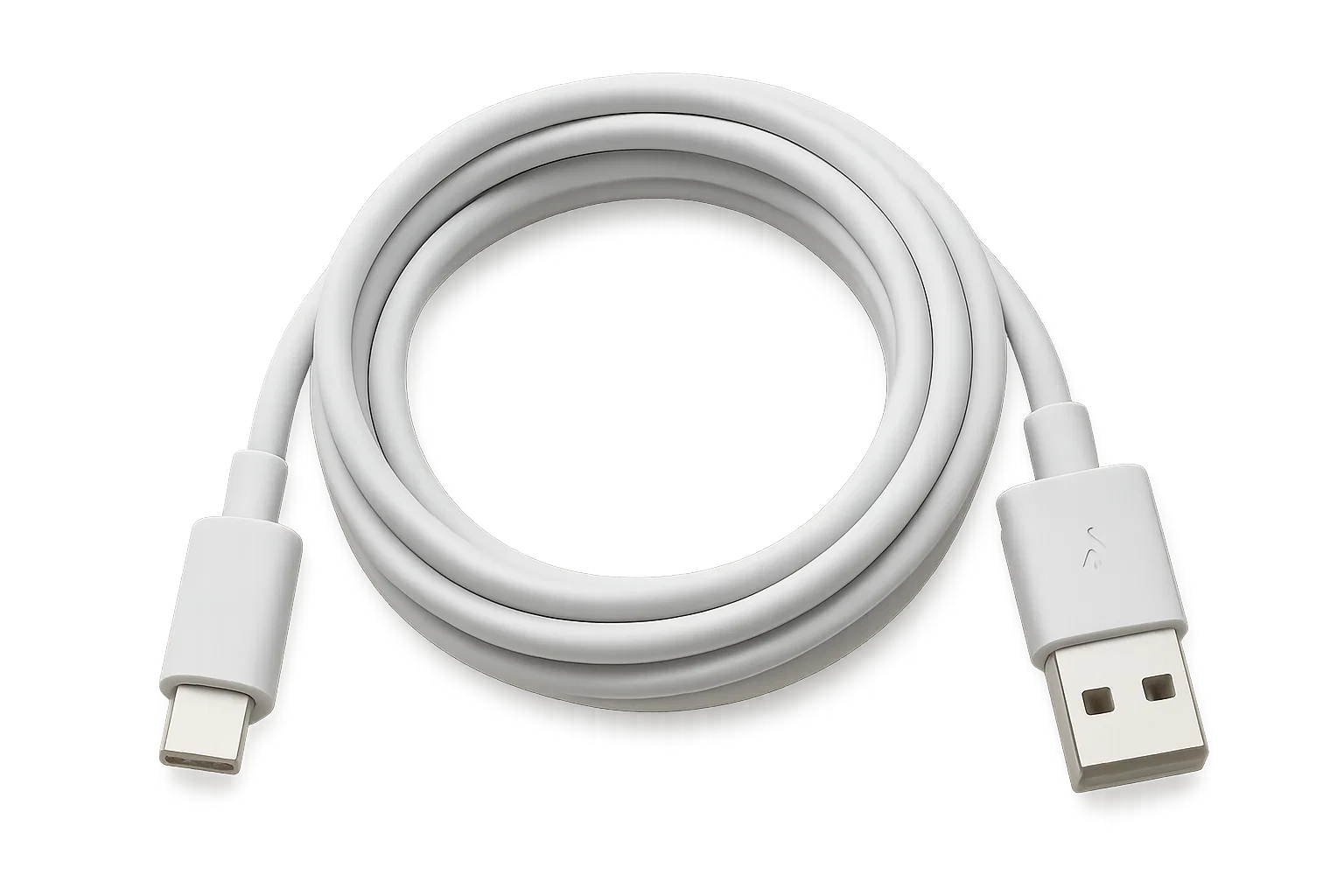Ein weißes USB-Kabel mit Typ-C- und USB-A-Anschlüssen, ordentlich aufgerollt auf schwarzem Hintergrund.