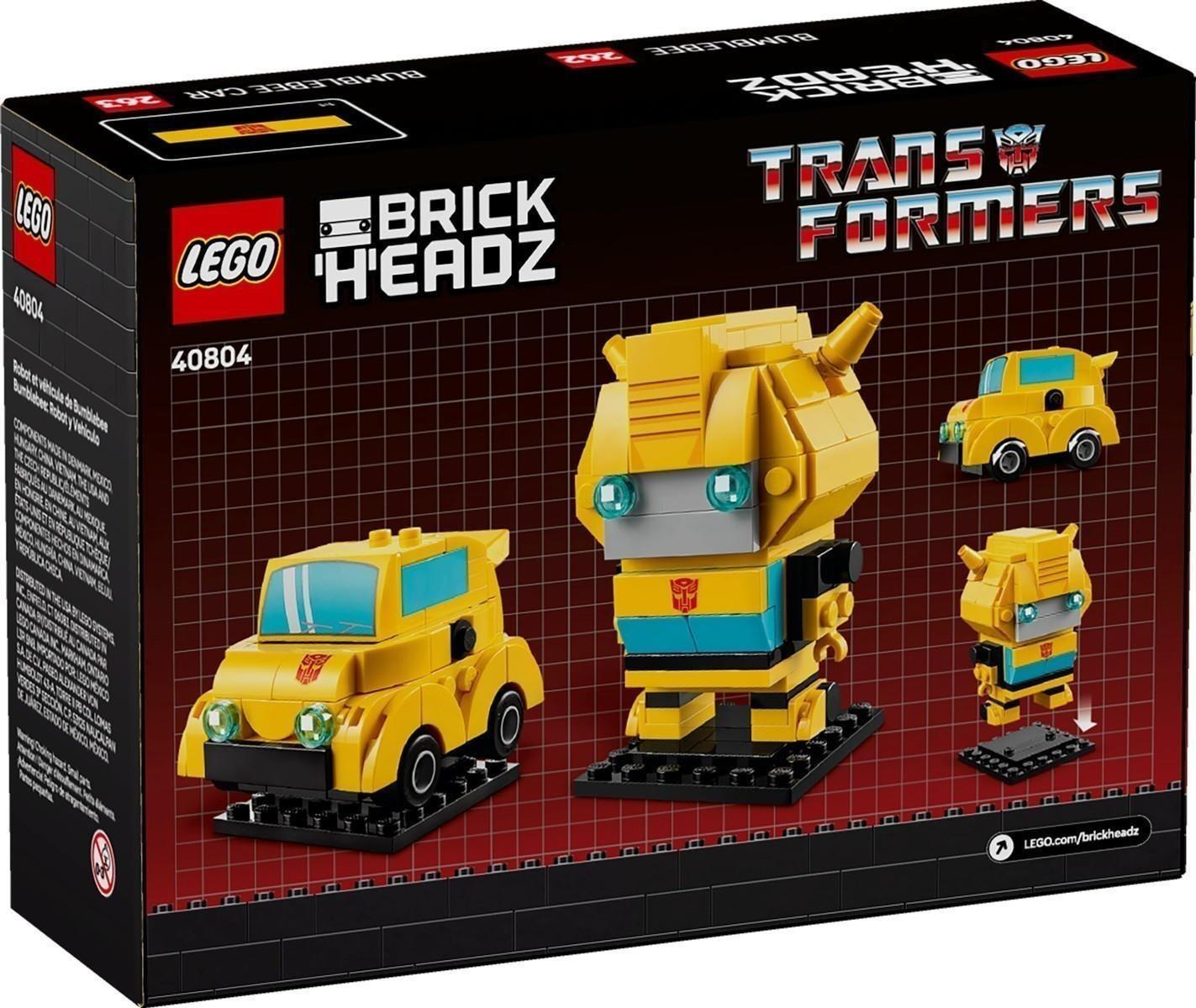 Lego BrickHeadz Transformers Bumblebee Box mit Bildern der gebauten Roboter- und Auto-Modelle.