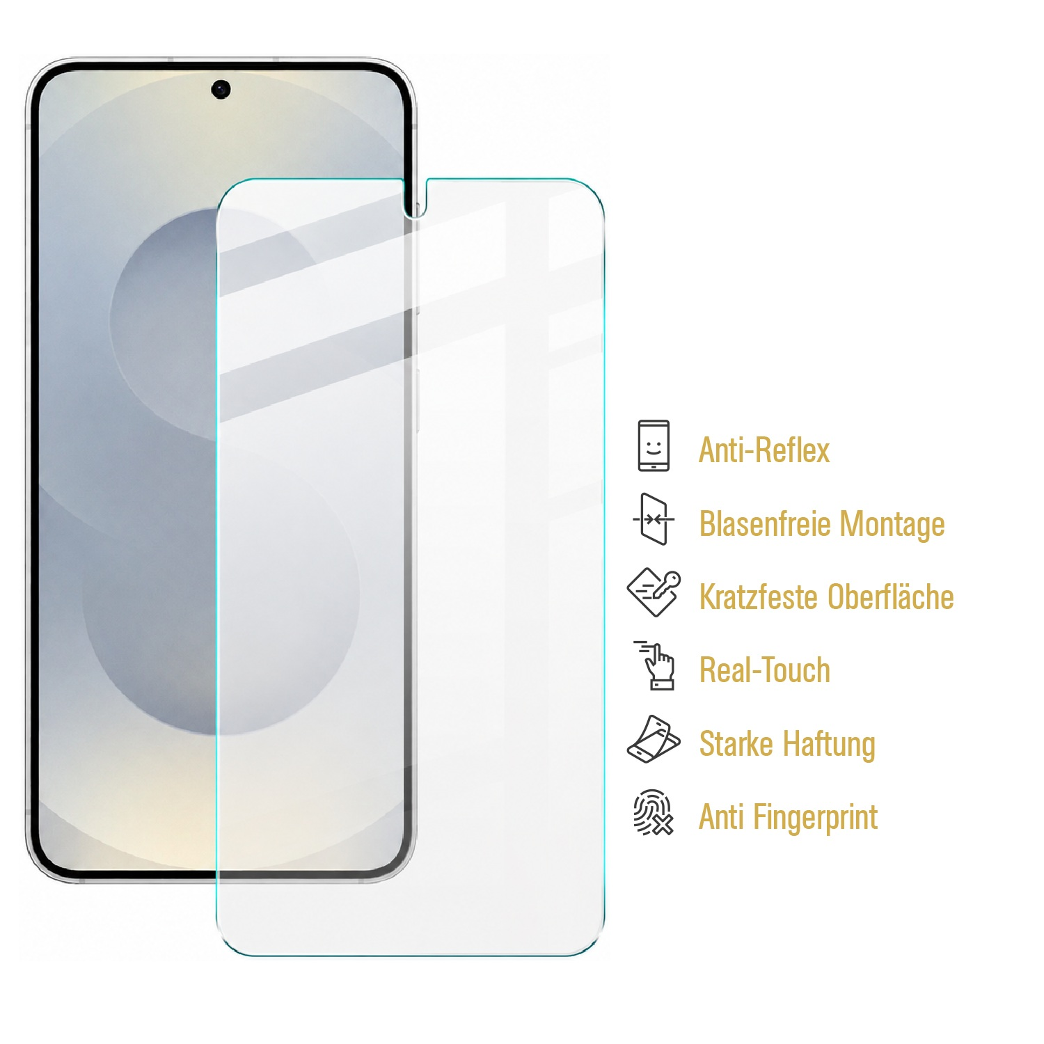 Smartphone mit Displayschutzfolie und Liste von Produkteigenschaften rechts auf weißem Hintergrund.