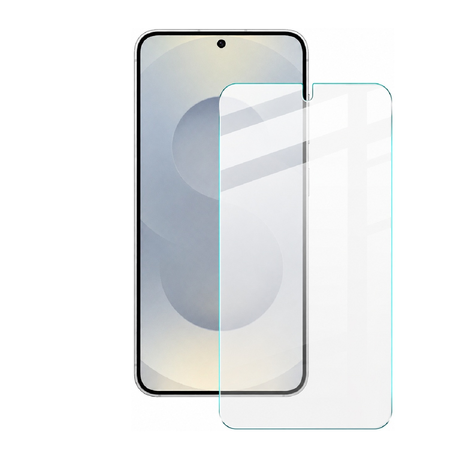 Ein Smartphone und eine transparente Displayschutzfolie aus Glas auf weißem Hintergrund.