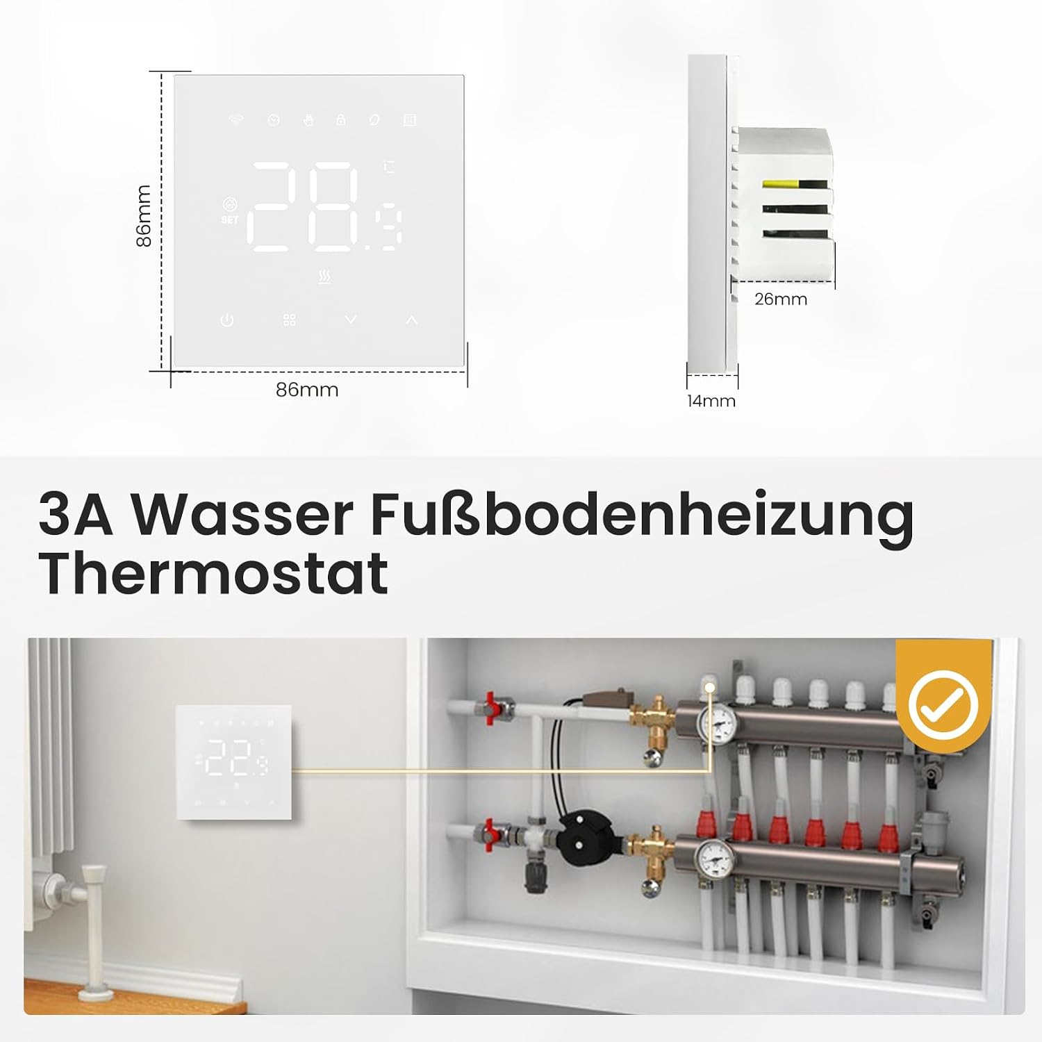 Technisches Diagramm und Installation eines 3A Wasser Fußbodenheizung Thermostats mit Abmessungen.