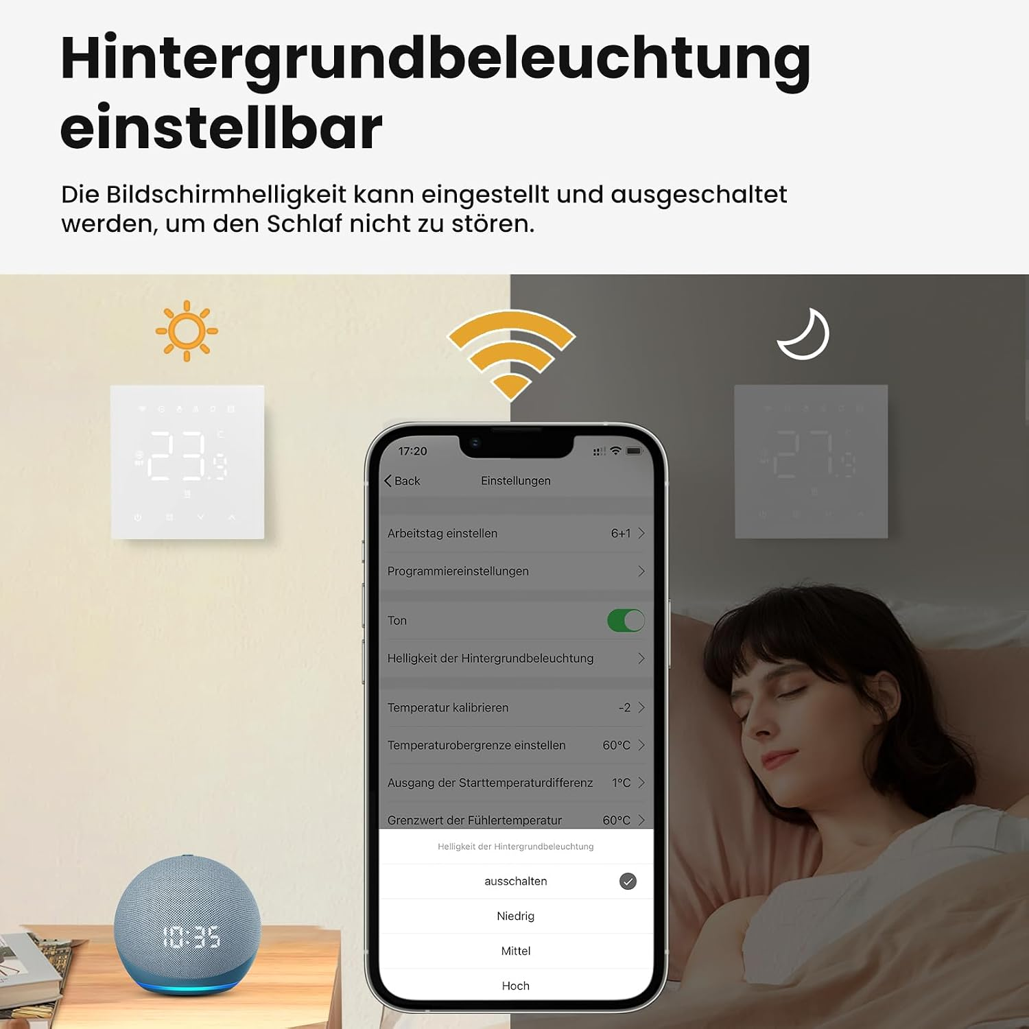 Smartphone zeigt App-Einstellungen zur regelbaren Display-Hintergrundbeleuchtung mit Schlafzimmer-Szene.