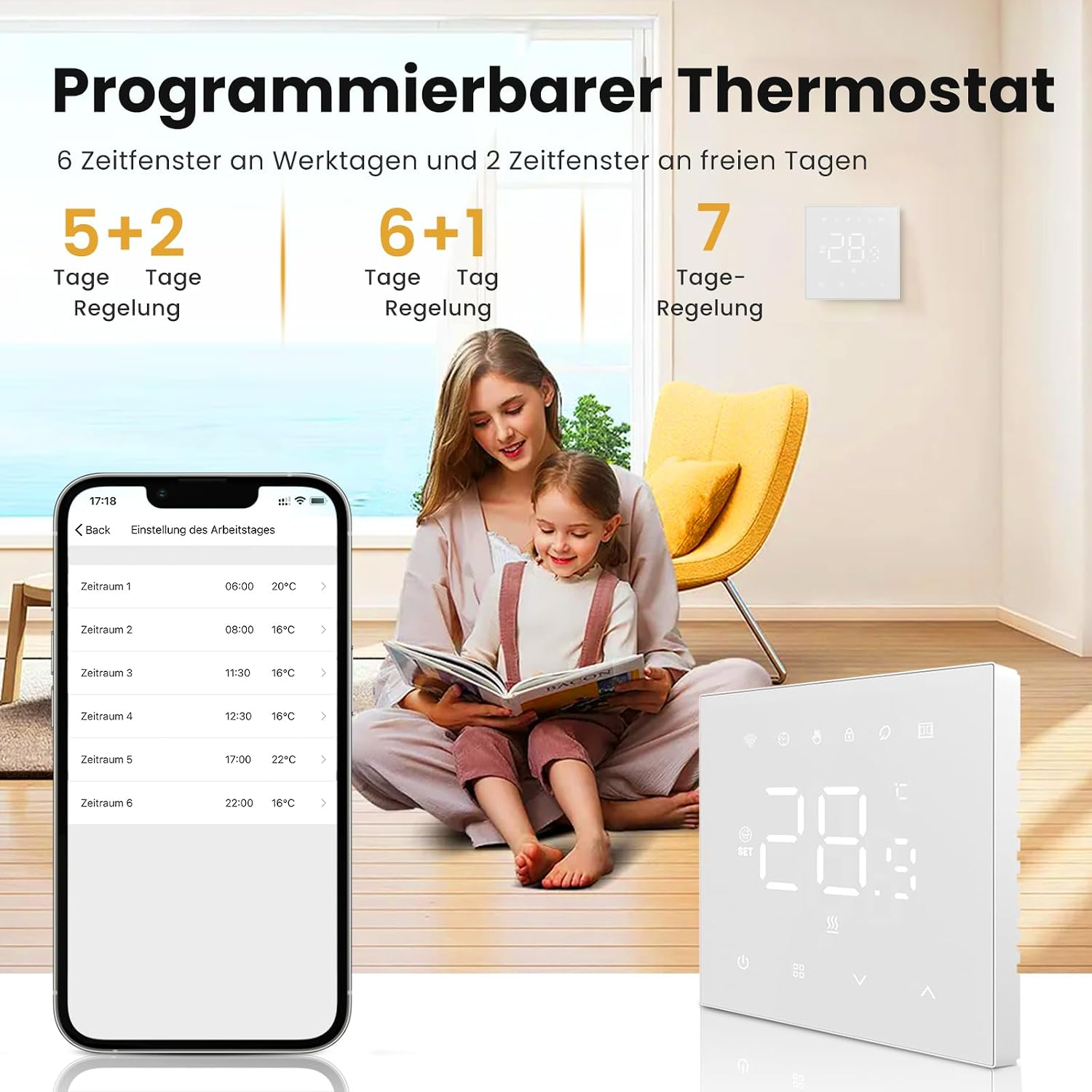 Mutter und Kind lesen in einem Wohnzimmer ein Buch, mit programmierbarem Thermostat und Smartphone-App.