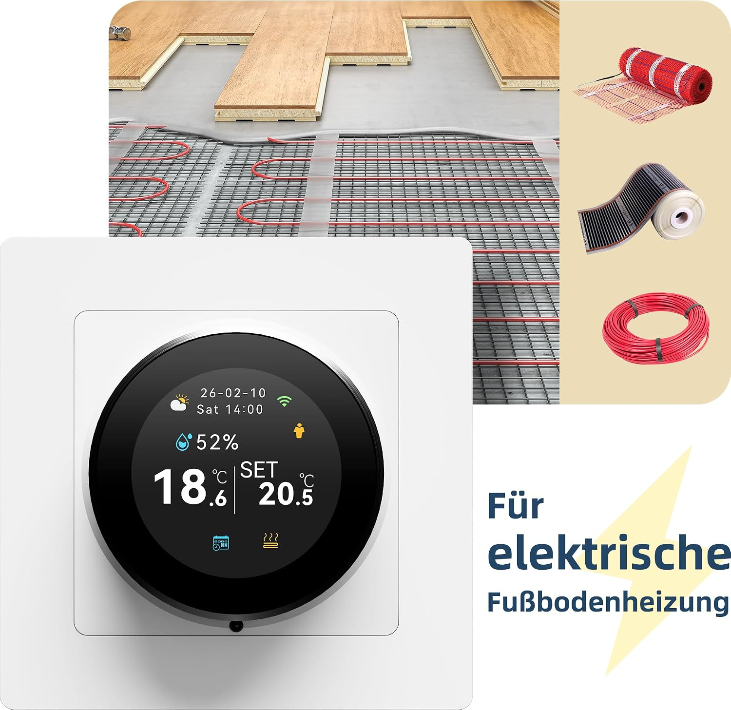 Intelligenter Thermostat, elektrische Fußbodenheizung und Paneelen auf grauem Boden.