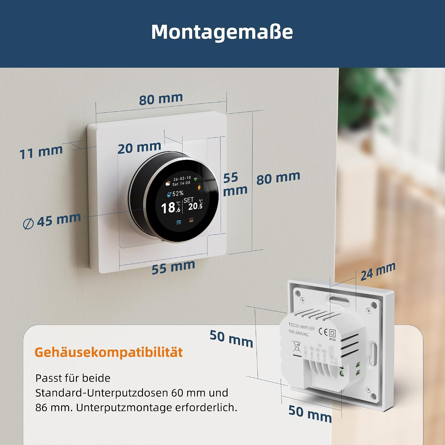 Diagramm zeigt die Abmessungen und Montageanweisungen eines runden Smart Thermostats mit weißem Rahmen an einer Wand.