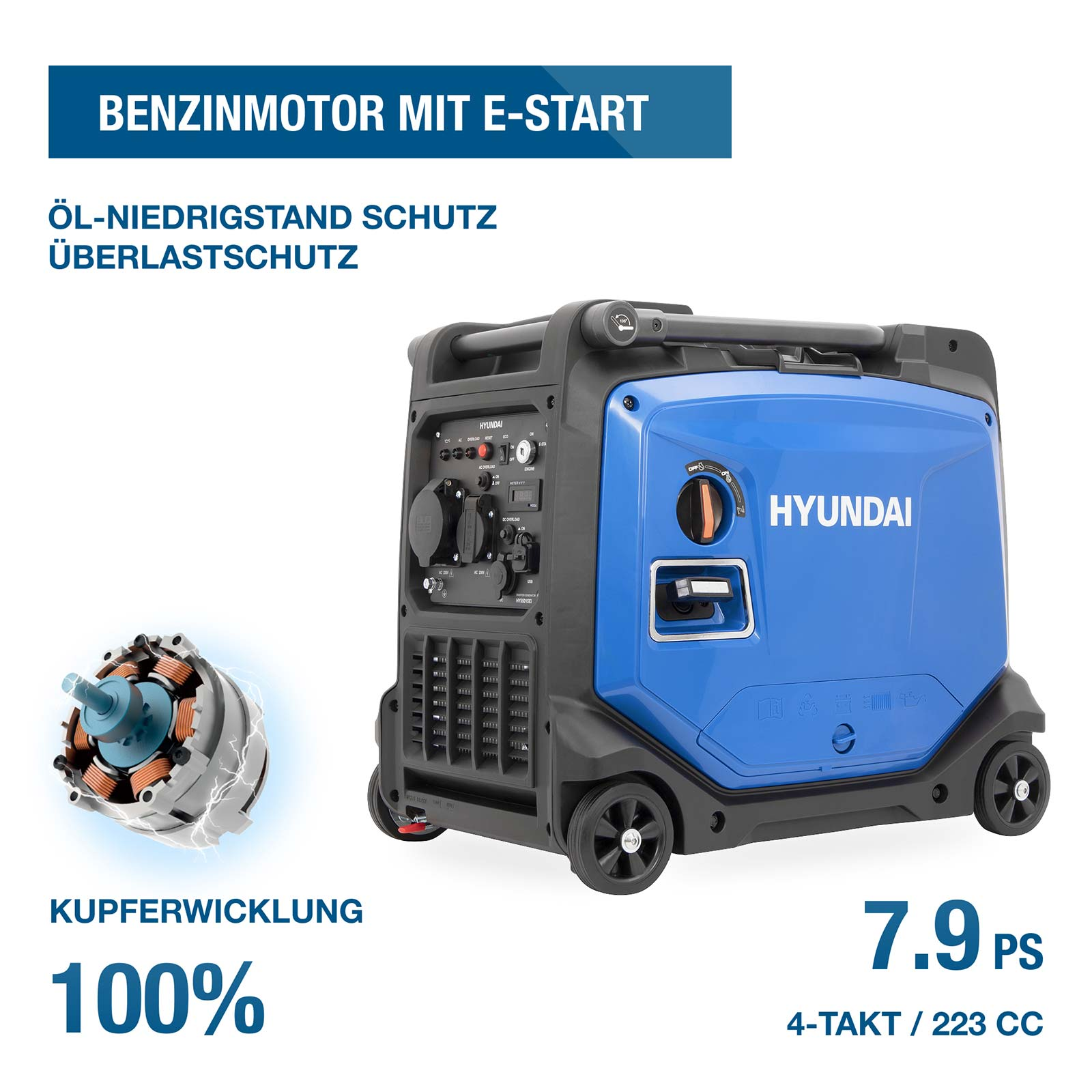 Blauer Hyundai Generator auf Rädern mit Kupferwicklung, E-Start und 7,9 PS auf weißem Hintergrund.
