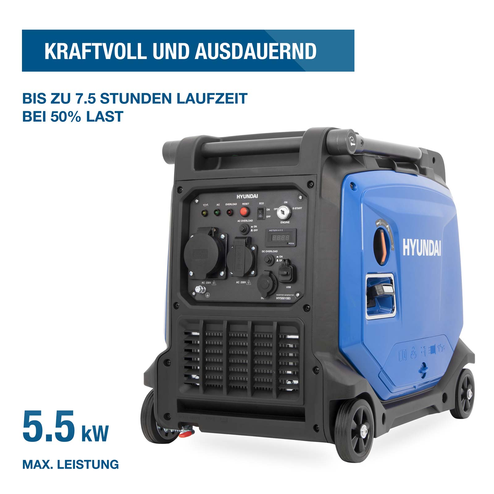 Blauer Hyundai Inverter-Stromerzeuger auf Rädern mit Bedienfeld und deutscher Werbebeschriftung.