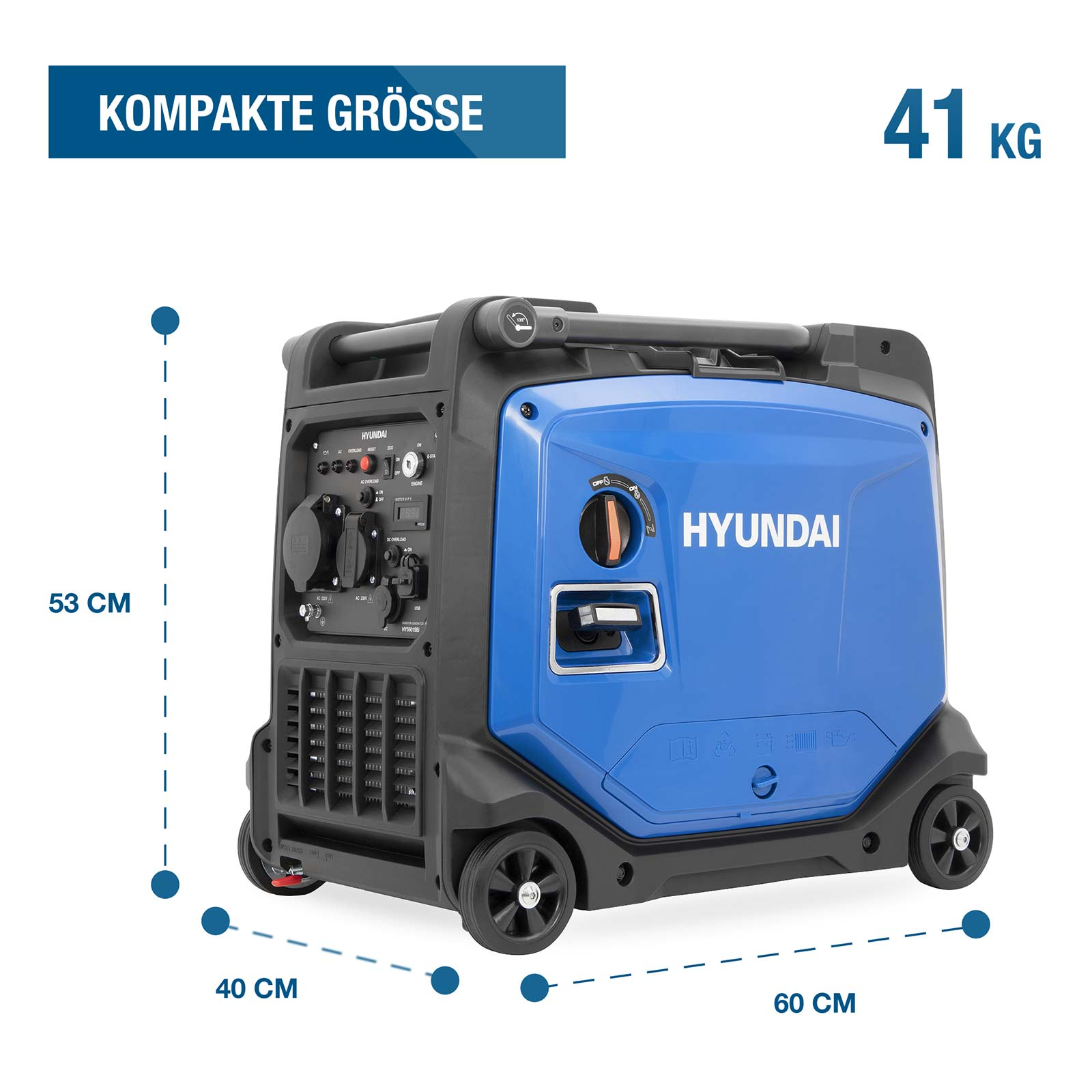 Blauer Hyundai Generator mit kompakten Maßen: 60x40x53 cm, Gewicht 41 kg, auf Rädern.