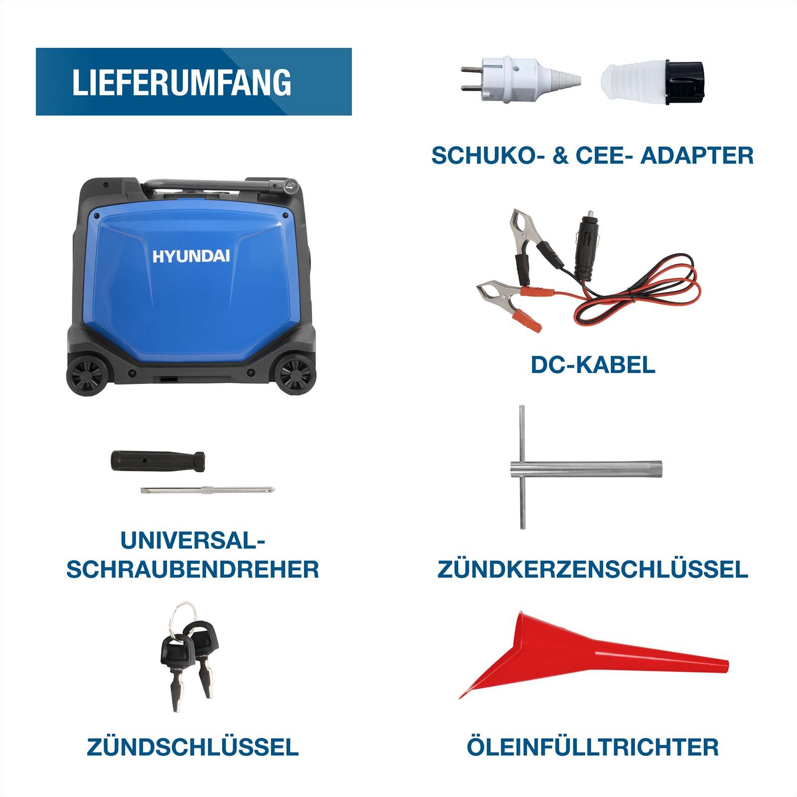 Lieferumfang eines blauen Hyundai Generators mit Adaptern, Kabeln, Werkzeugen, Schlüsseln und Trichter.