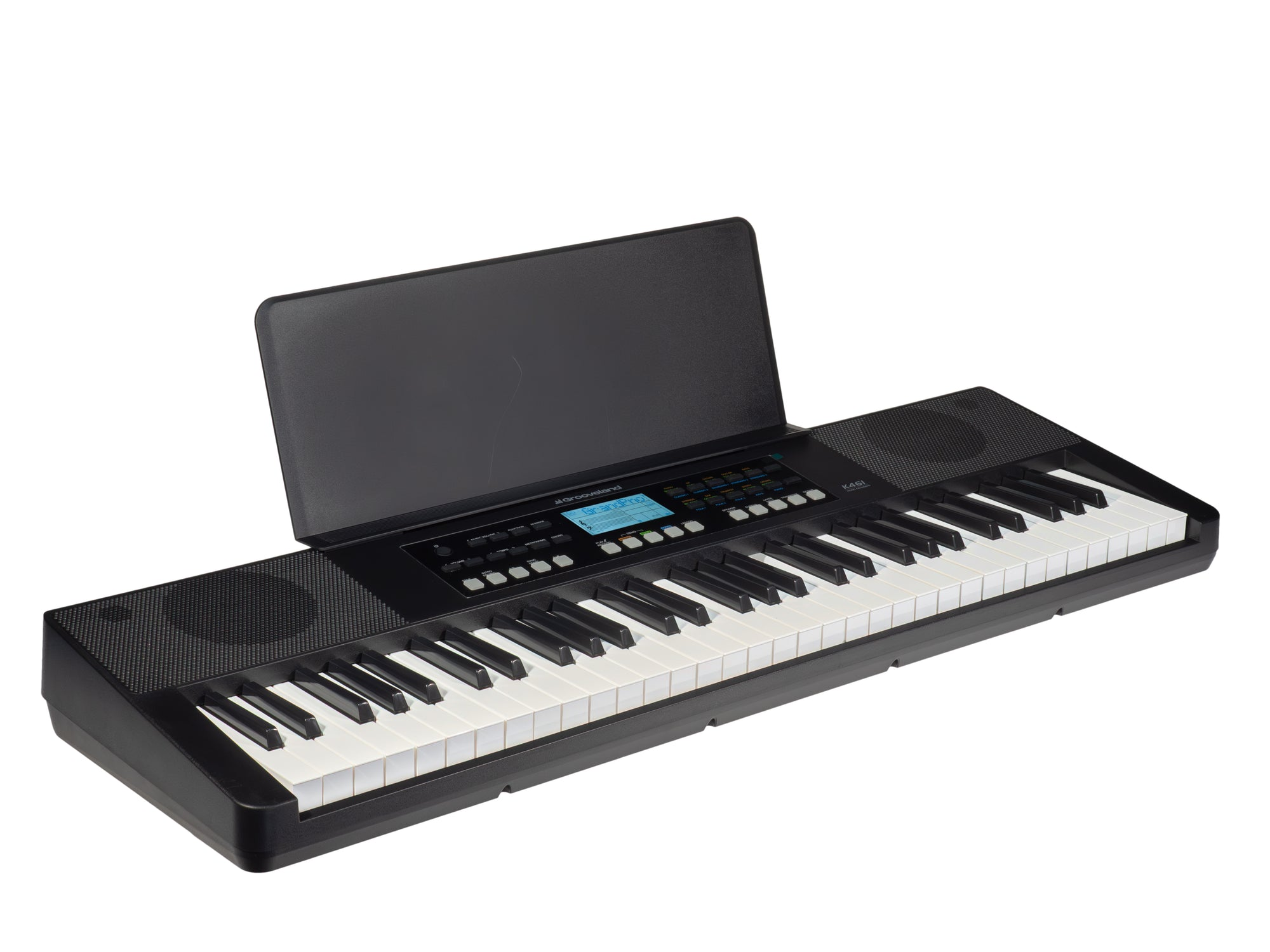 Ein schwarzes Elektronik-Keyboard mit weißen und schwarzen Tasten, einem Display und einem Notenständer vor weißem Hintergrund.