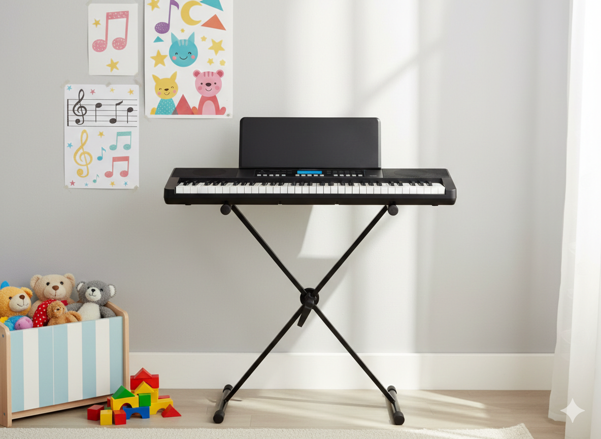 Ein schwarzes Keyboard auf einem X-Ständer in einem Kinderzimmer mit Plüschtieren und bunten Postern an der Wand.