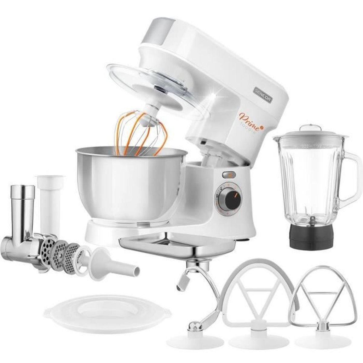 Weisse Küchenmaschine mit Edelstahl-Schüssel, Mixeraufsatz, Fleischwolf und verschiedenen Rührbesen auf weißem Grund.