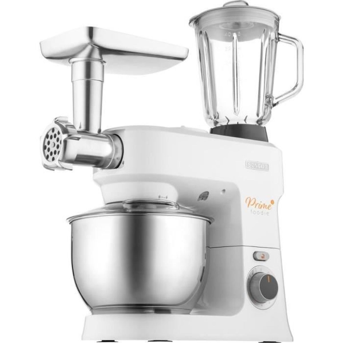 Weiße Küchenmaschine mit Edelstahl-Rührschüssel, Fleischwolf und Glasaufsatz.