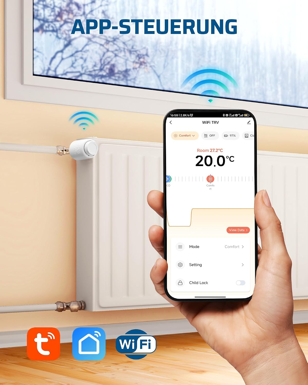 Smartphone zeigt App zur Steuerung eines WLAN-Heizkörperthermostats vor einem Heizkörper.