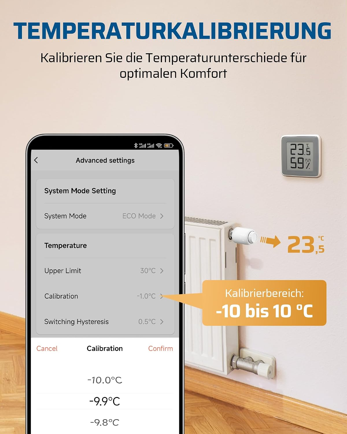 Smartphone-App zeigt Temperaturkalibrierung für Thermostat und Heizung an.