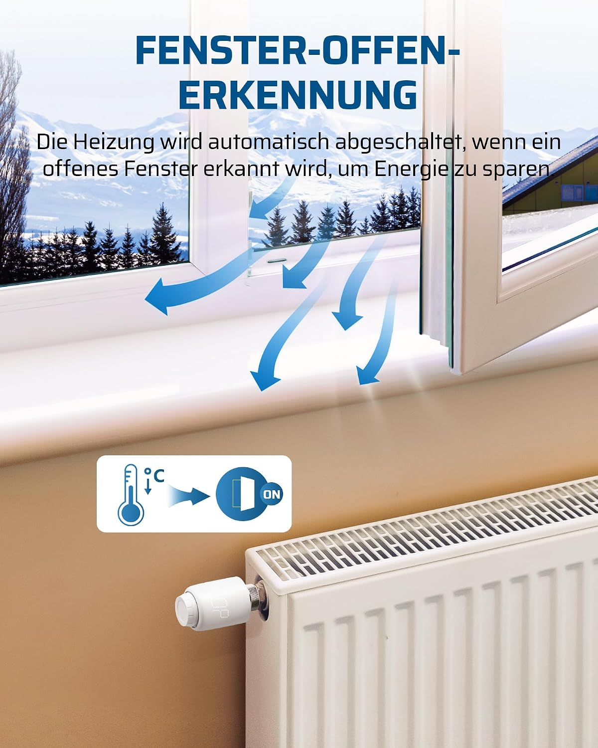 Grafik zur Fenster-offen-Erkennung: Ein offenes Fenster stoppt automatisch die Heizung, um Energie zu sparen.