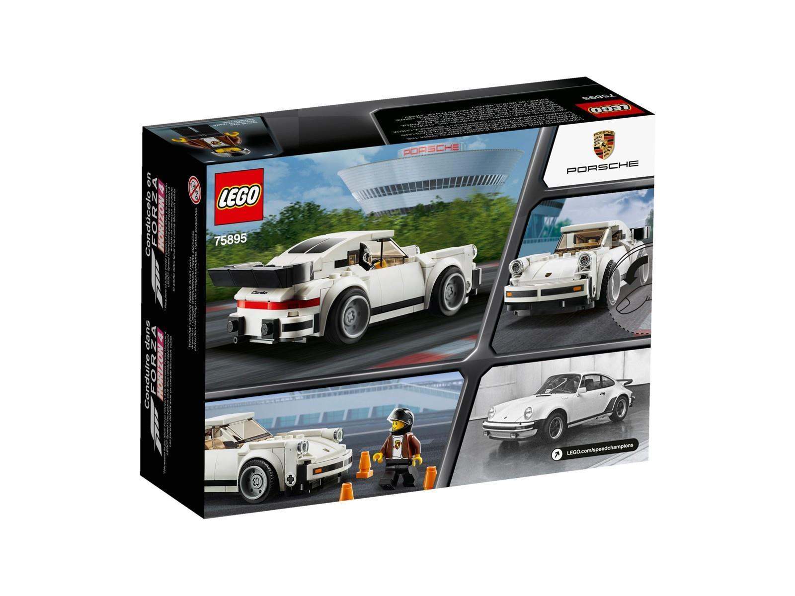 Verpackung eines LEGO Speed Champions Porsche 75895 mit Bildern des weißen Spielzeugautos und einer Minifigur.