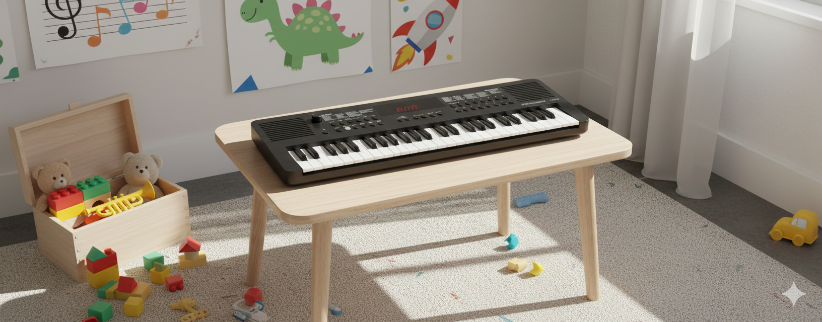 Ein Kinderzimmer mit einem kleinen Holztisch, auf dem ein schwarzes Keyboard liegt, und Spielzeug auf dem Boden.