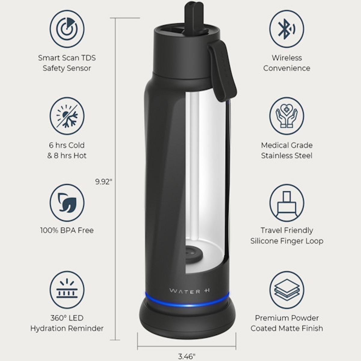 Eine schwarze isolierte Wasserflasche mit LED-Ring und umgebenden Symbolen, die Funktionen wie Bluetooth und Sensoren zeigen.