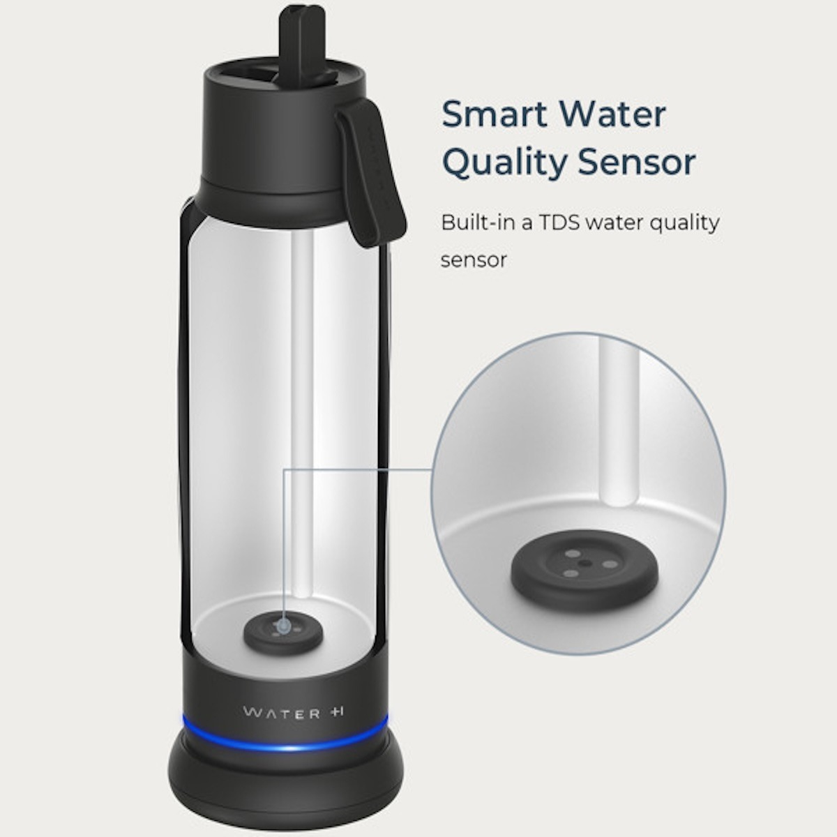 Eine smarte Wasserflasche mit integriertem TDS-Wassersensor und blauer Leuchtanzeige.