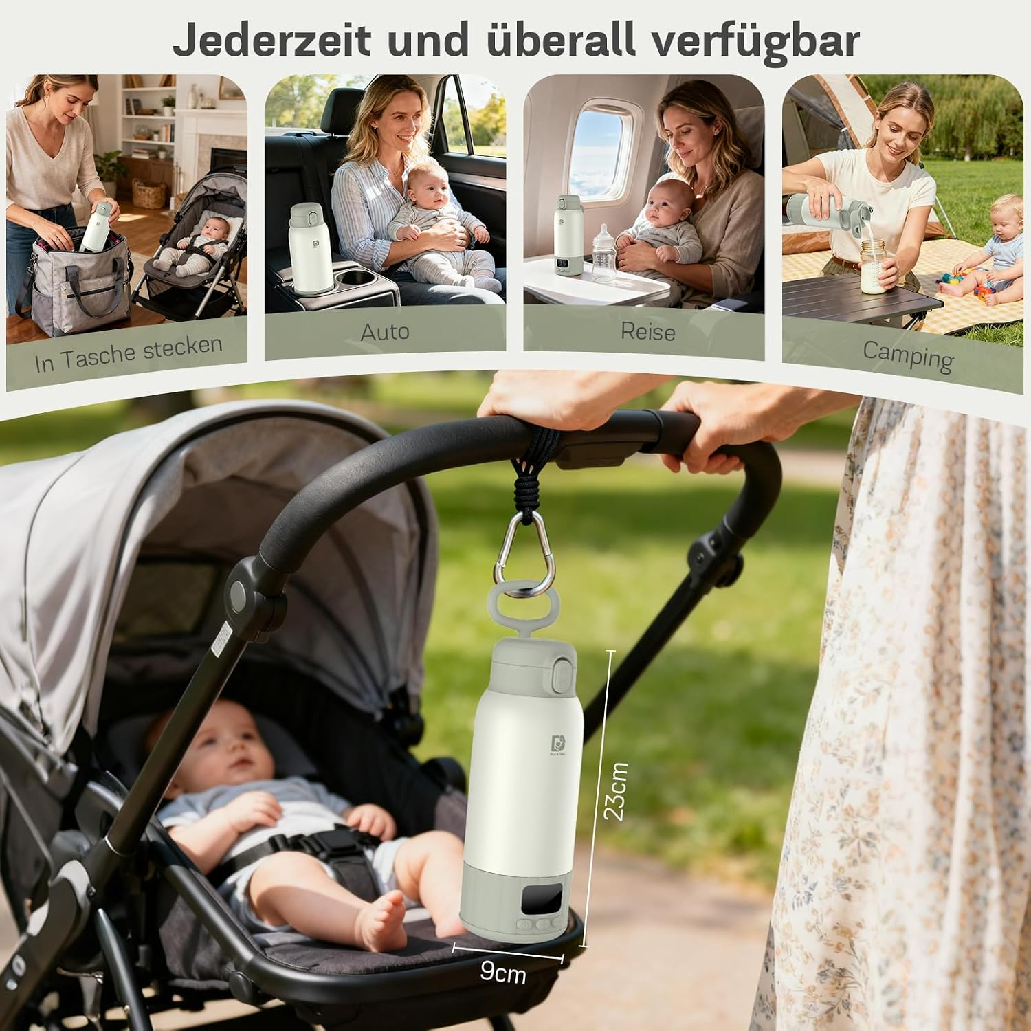 Eine Thermosflasche am Kinderwagen befestigt, mit vier weiteren Einsatzszenarien oben.