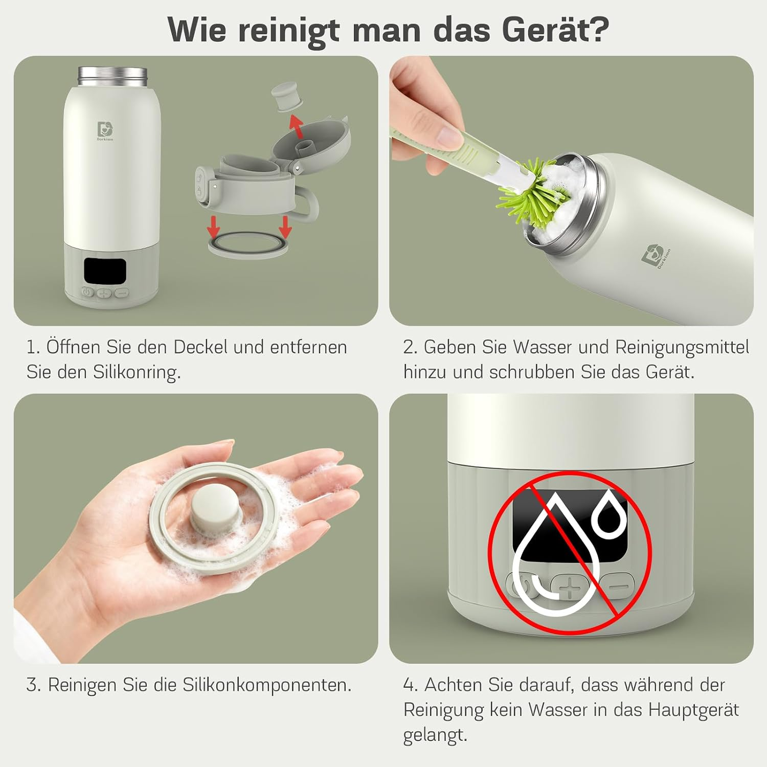 Vierteilige Anleitung auf Deutsch zur Reinigung eines weißen und grauen Geräts mit Seife und Wasser.