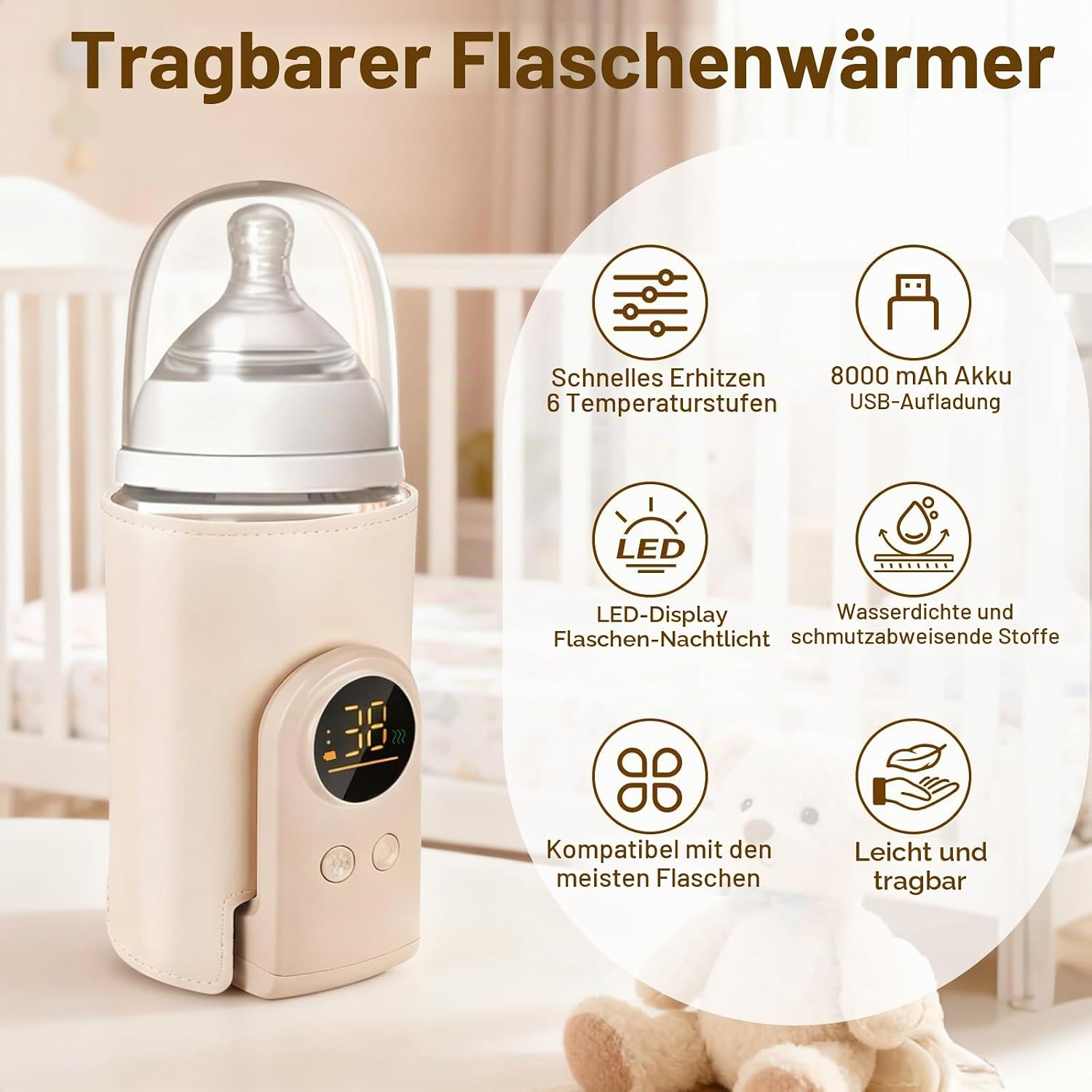 Tragbarer Flaschenwärmer in Beige mit digitalem Display und Babyflasche, umgeben von Produktmerkmalen.