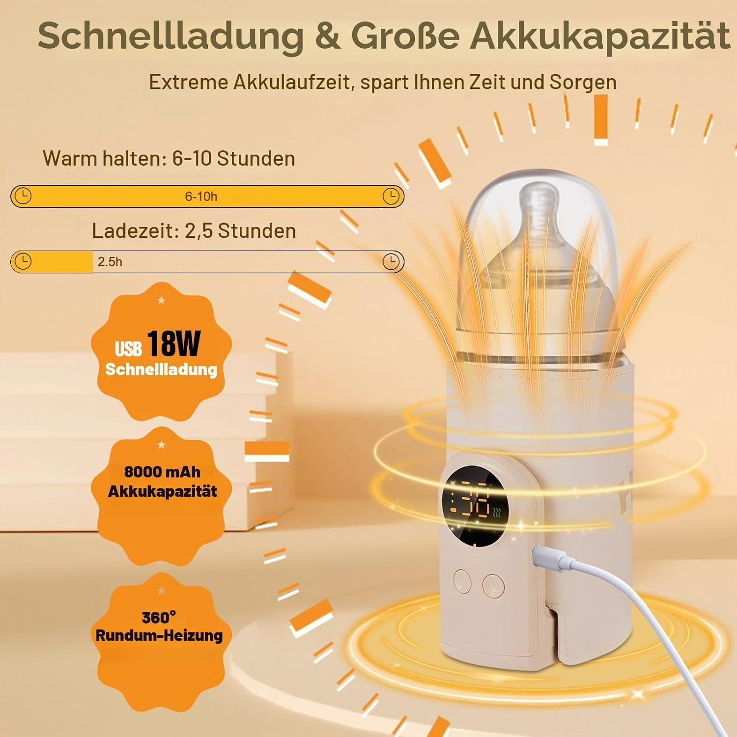 Tragbarer Flaschenwärmer mit Digitalanzeige, USB-Lladung und Warmhaltefunktion.