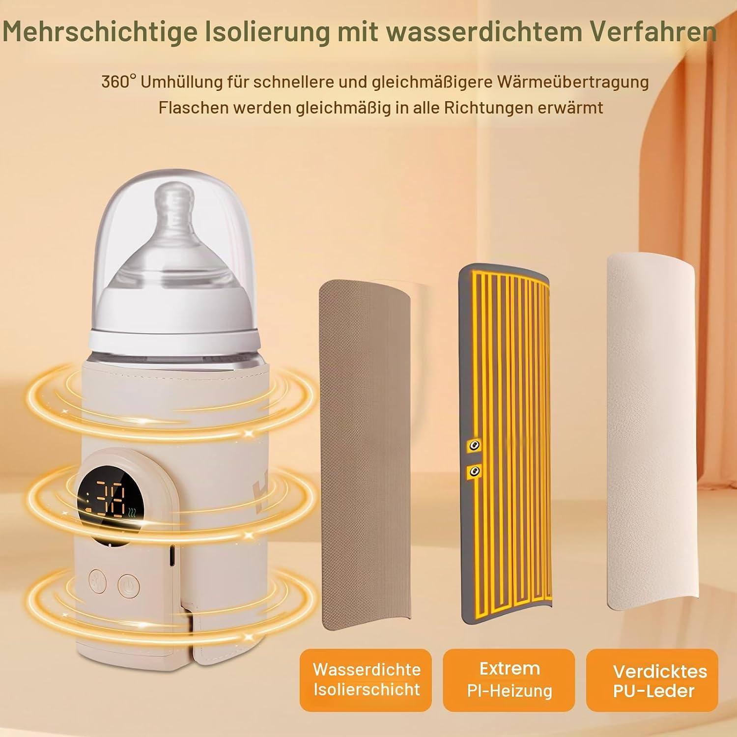 Ein Fläschchen in einem Wärmer mit Digitalanzeige zeigt seine mehrschichtige Isolierung und Heizelemente.